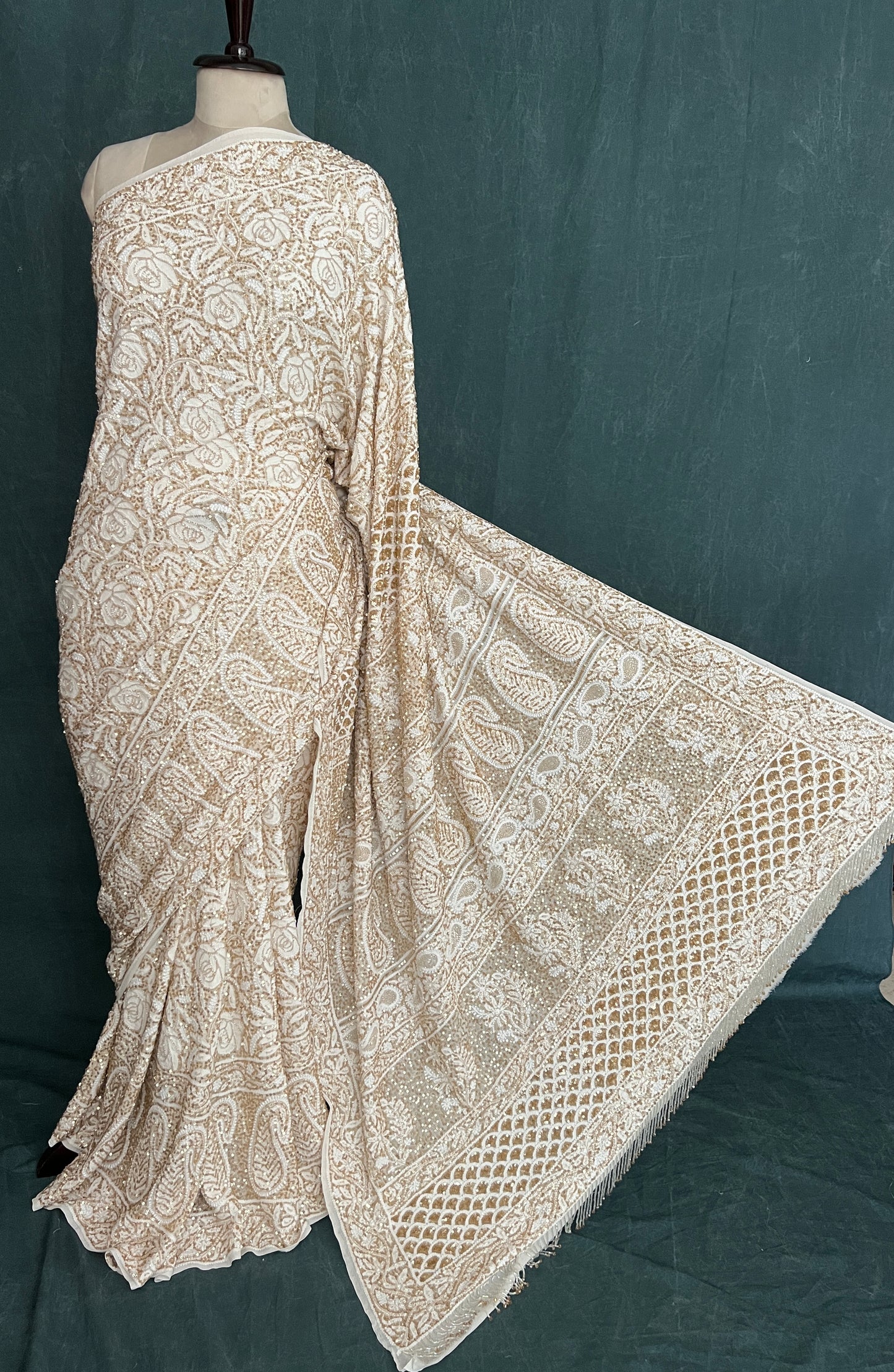 Ruhani Luxurious Chikankari Sequins Cut Dana Embroidered Masterpiece Saree