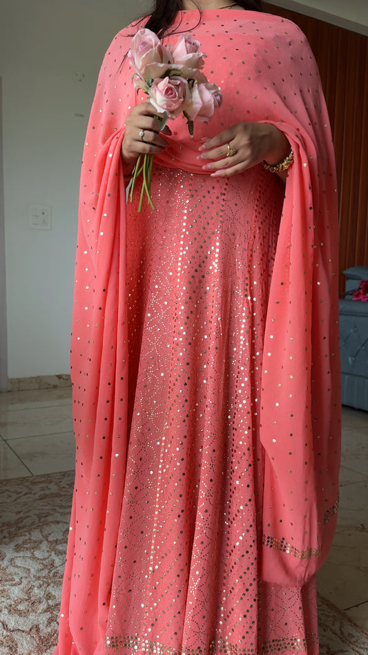 Ruhani Coral Pink Allover Designer Mukaish Pure Georgette Anarkali with Dupatta