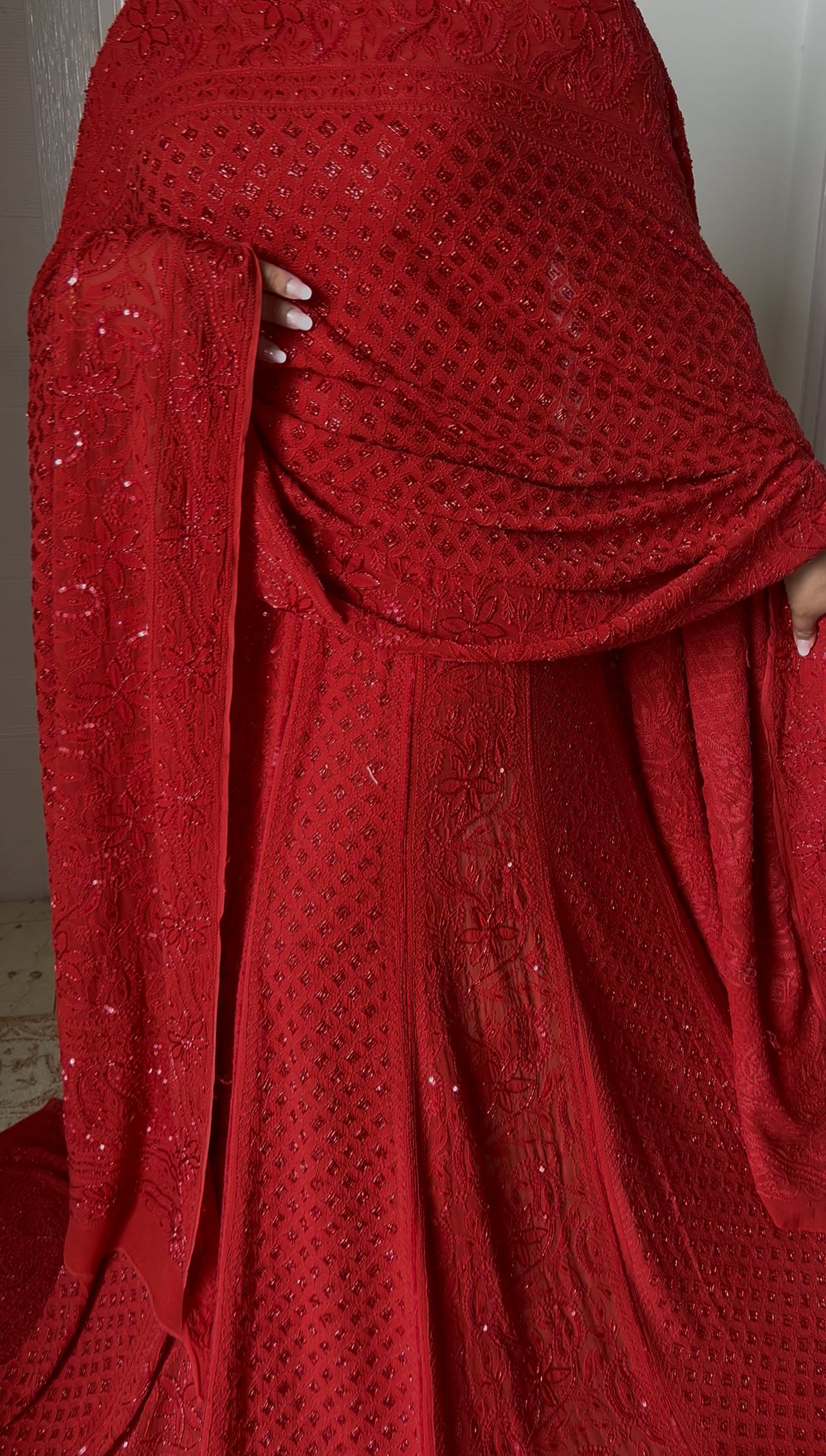 Ruhani Surkh Laal Chikankari Cut Dana Sequins Wedding Lehenga