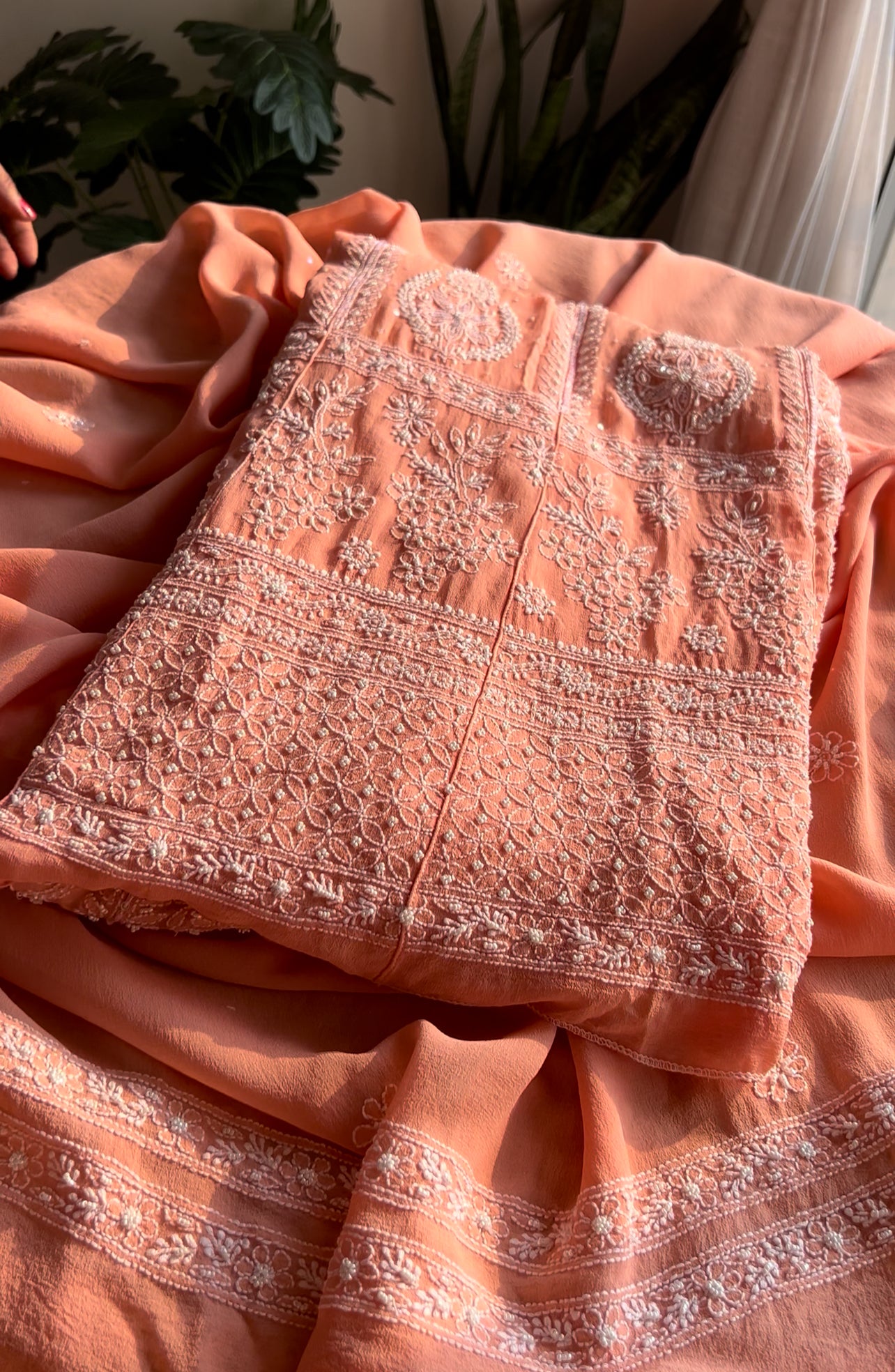 Peach fine Chikankari pearl and sequins Anarkali with Dupatta