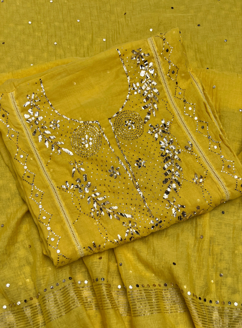 Yellow Mukaish work Mul Chanderi kurta with dupatta