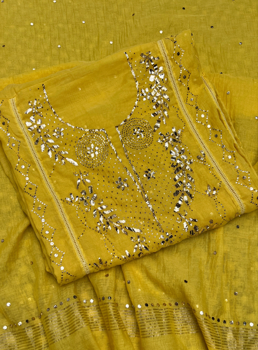 Yellow Mukaish work Mul Chanderi kurta with dupatta