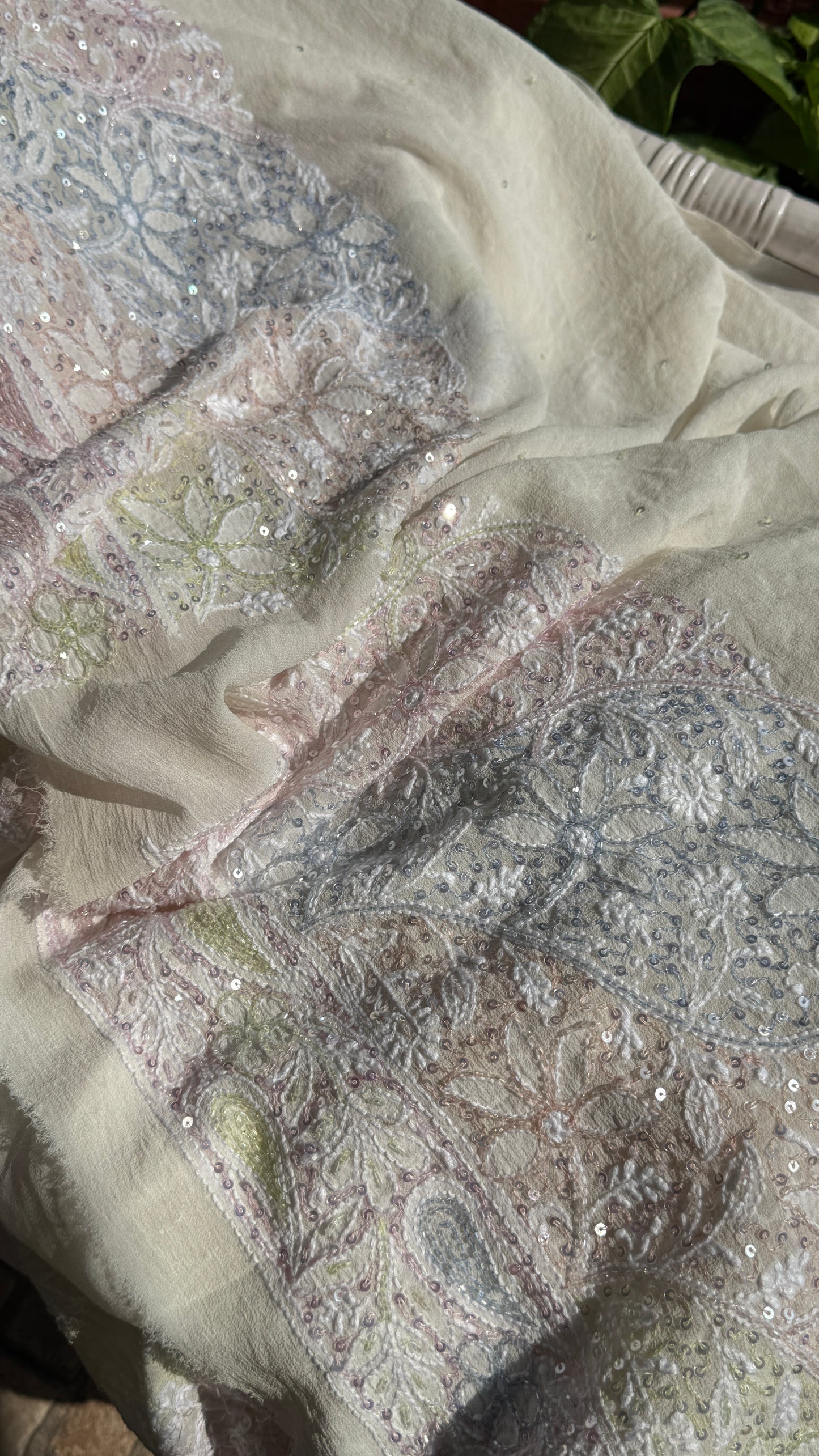Ruhani Ivory Chikankari Multi Cut Dana and Sequins Saree