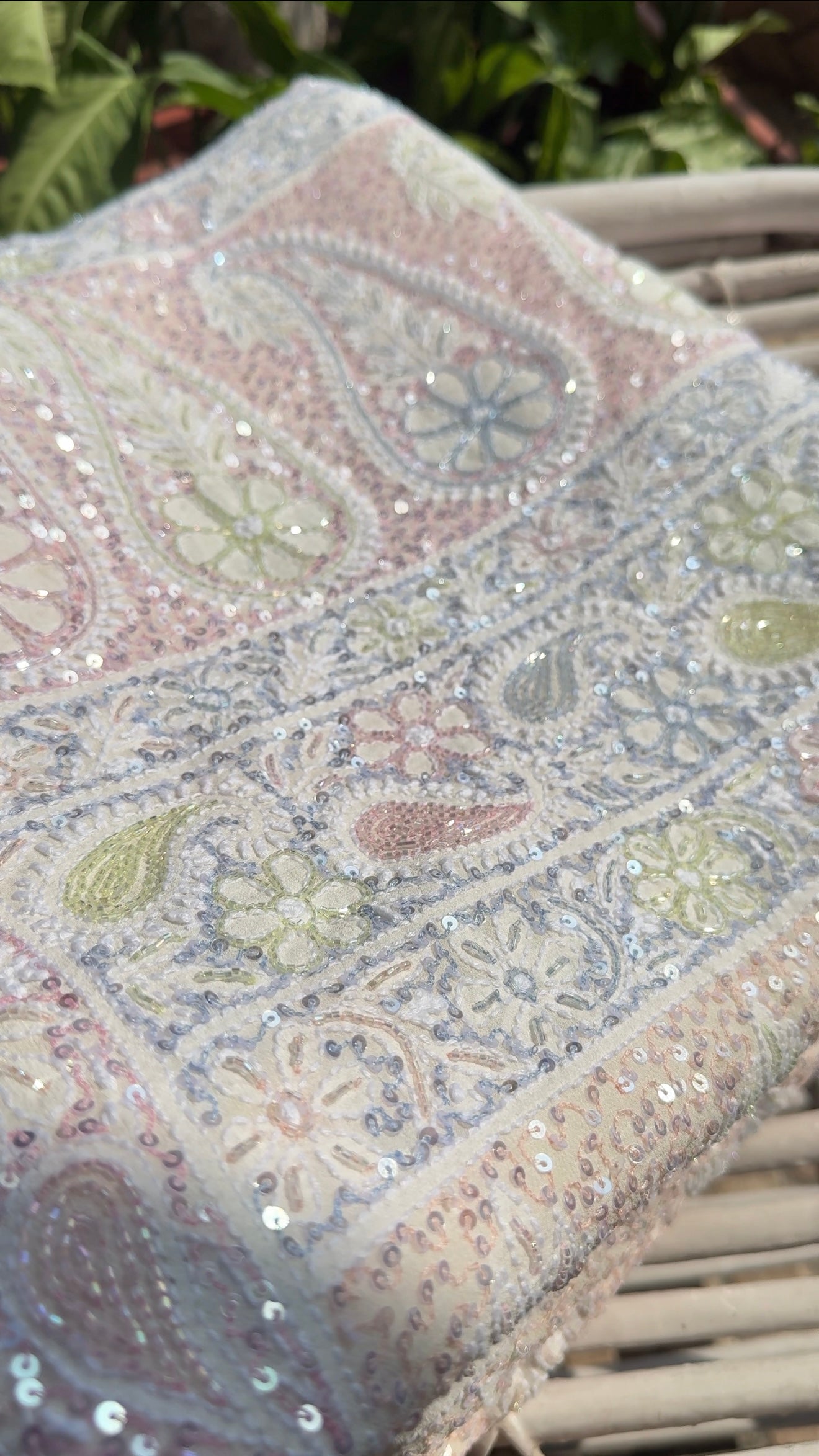 Ruhani Ivory Chikankari Multi Cut Dana and Sequins Saree