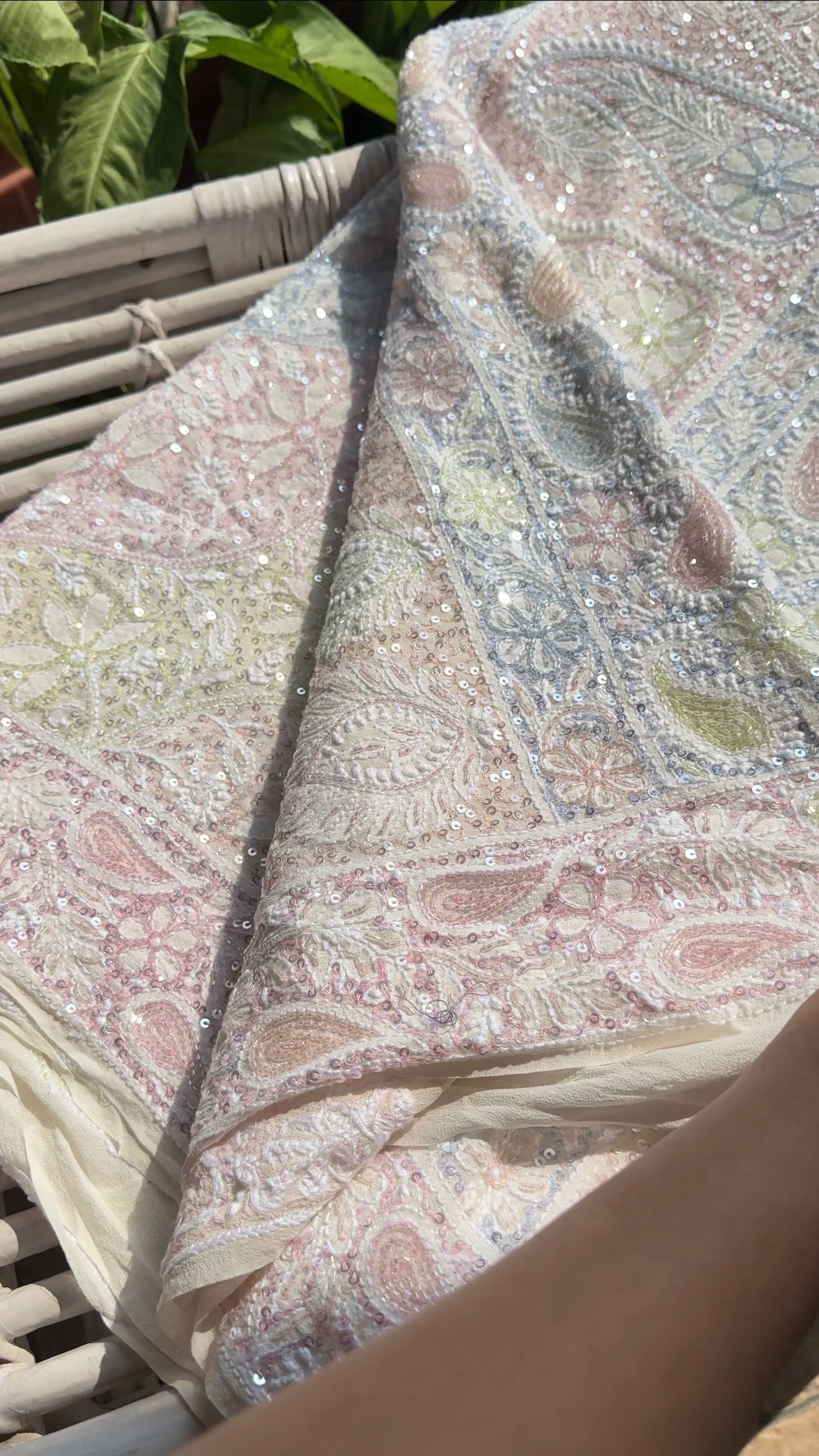 Ruhani Ivory Chikankari Multi Cut Dana and Sequins Saree