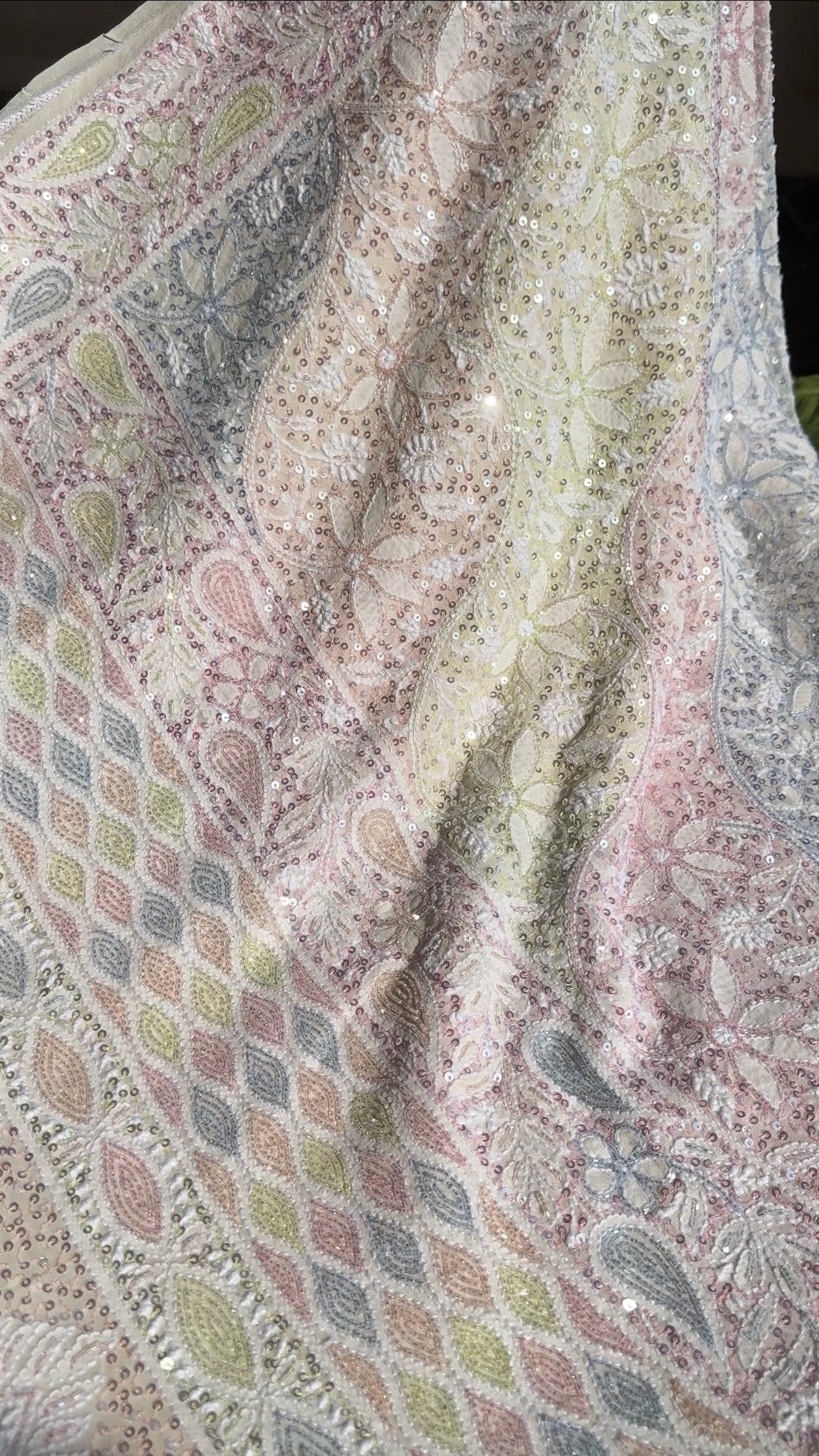 Ruhani Ivory Chikankari Multi Cut Dana and Sequins Saree