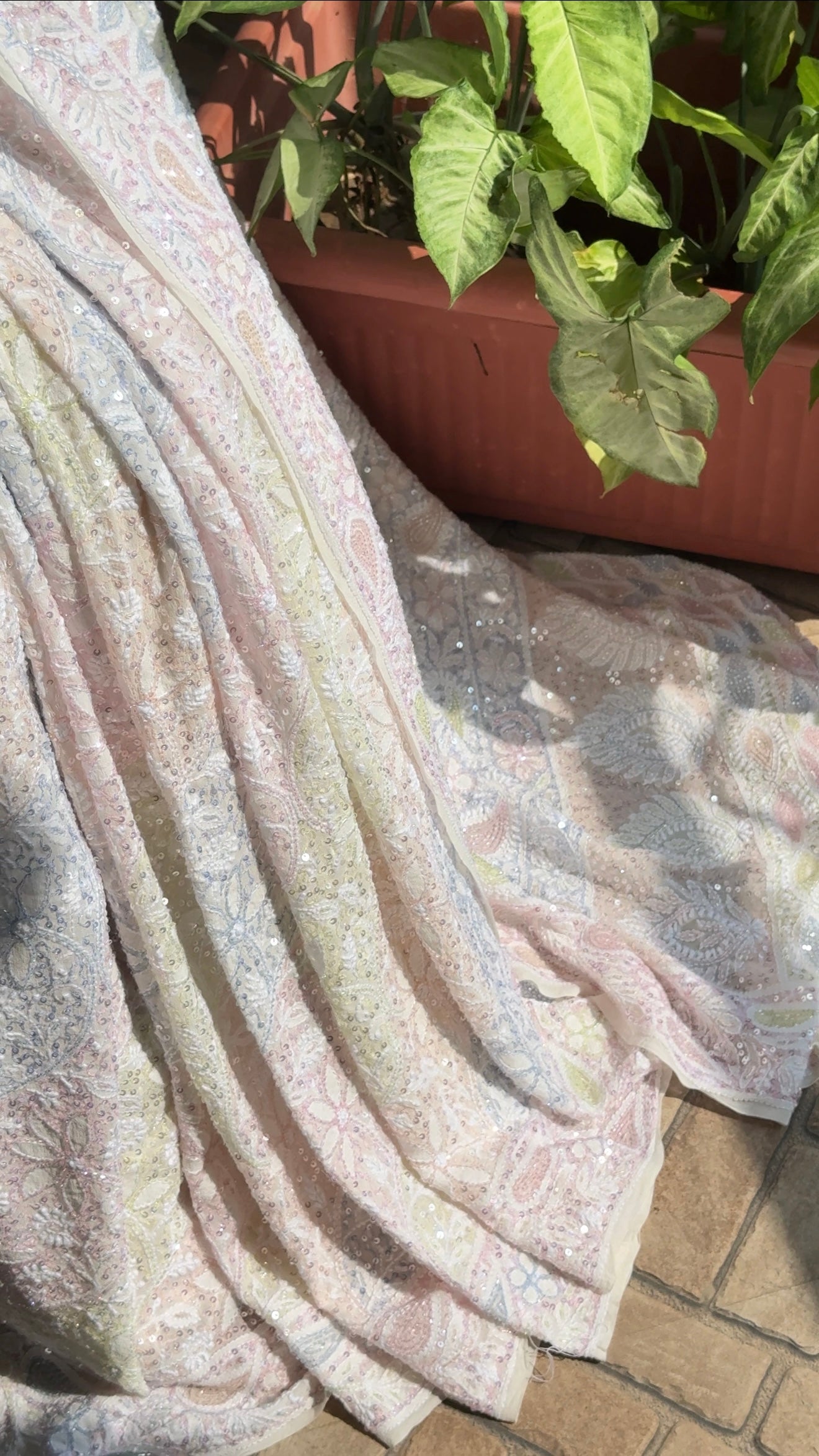 Ruhani Ivory Chikankari Multi Cut Dana and Sequins Saree