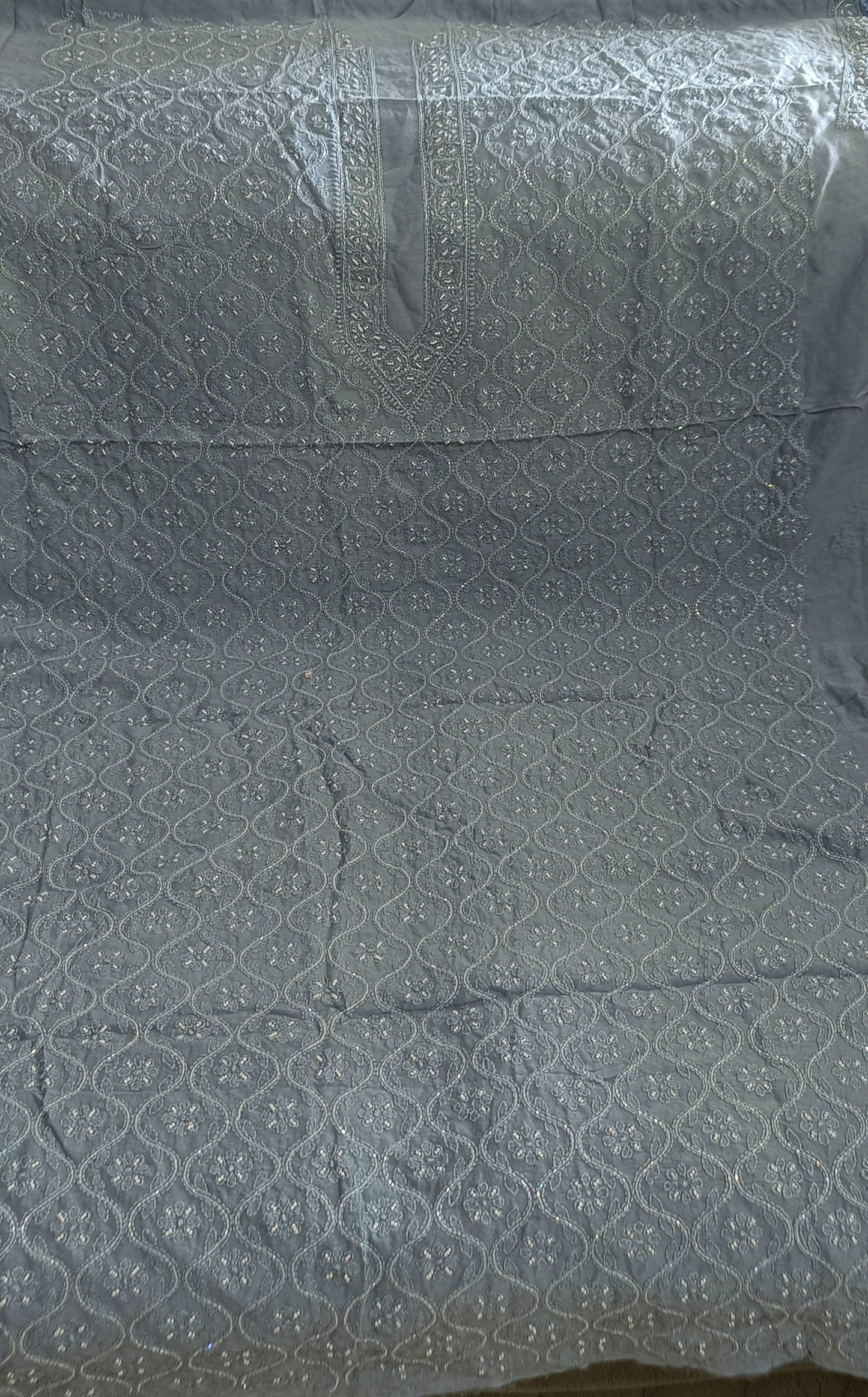 Grey Chanderi Silk Chikankari Kurta Fabric with cut dana and pearl work