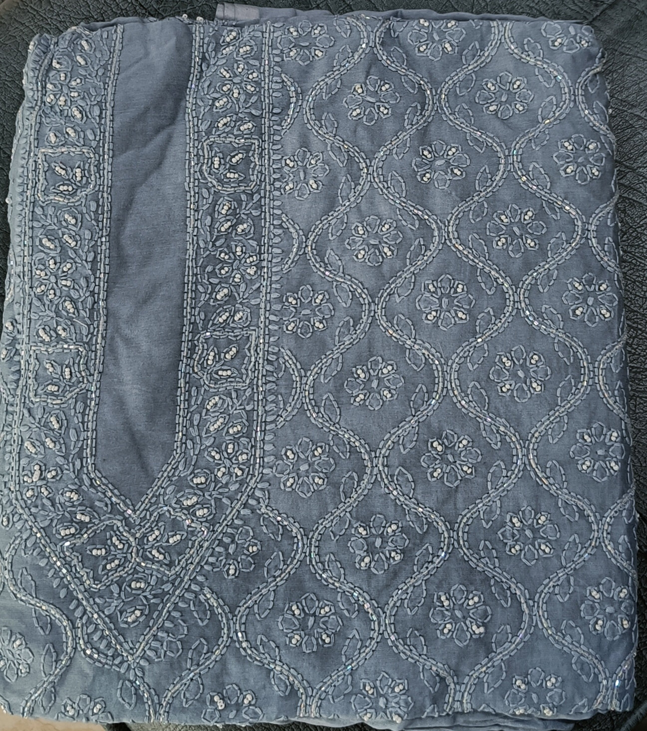 Grey Chanderi Silk Chikankari Kurta Fabric with cut dana and pearl work