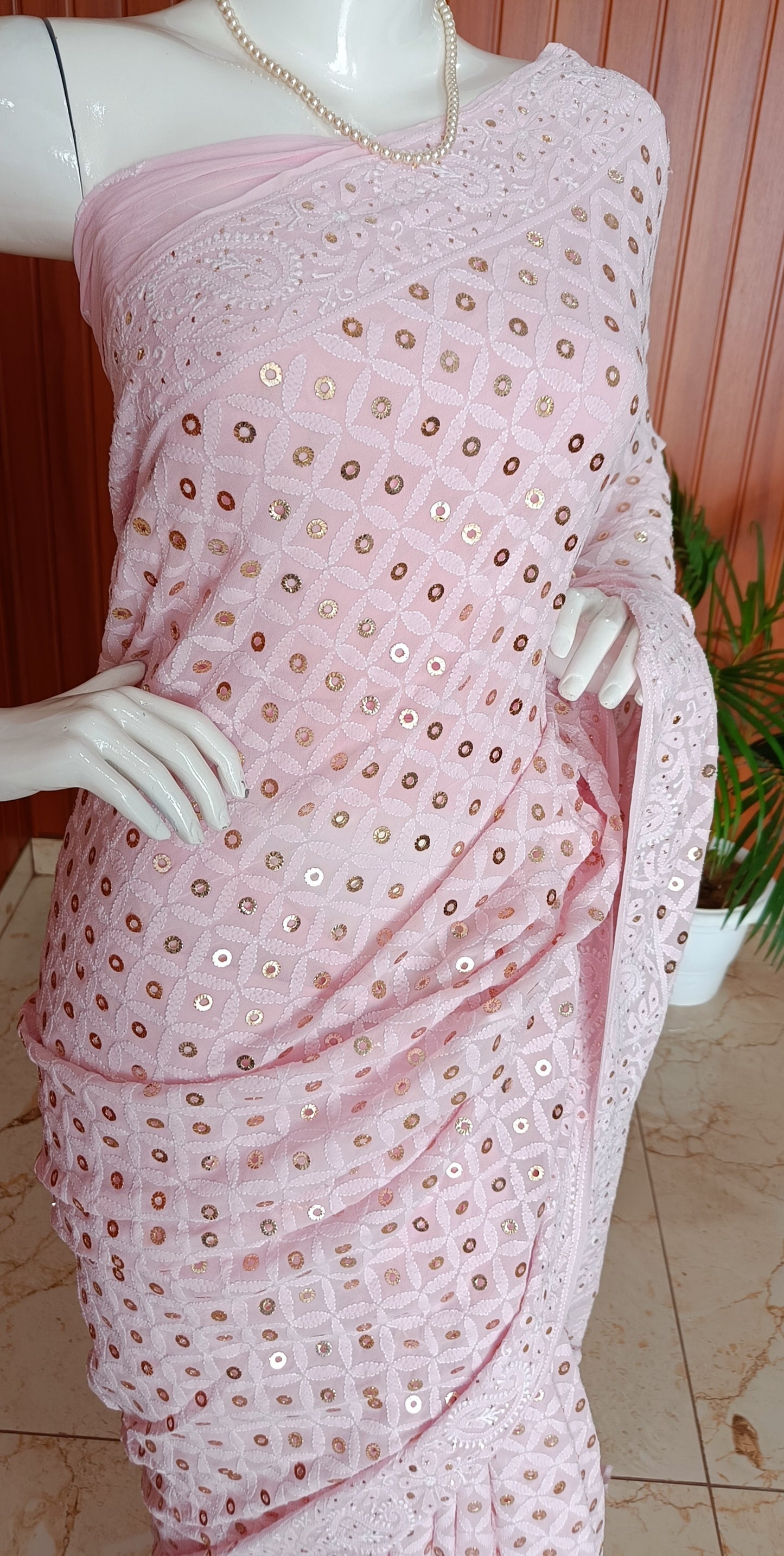 Pink Ruhani allover Chikankari and Heavy Ring Mukaish Saree
