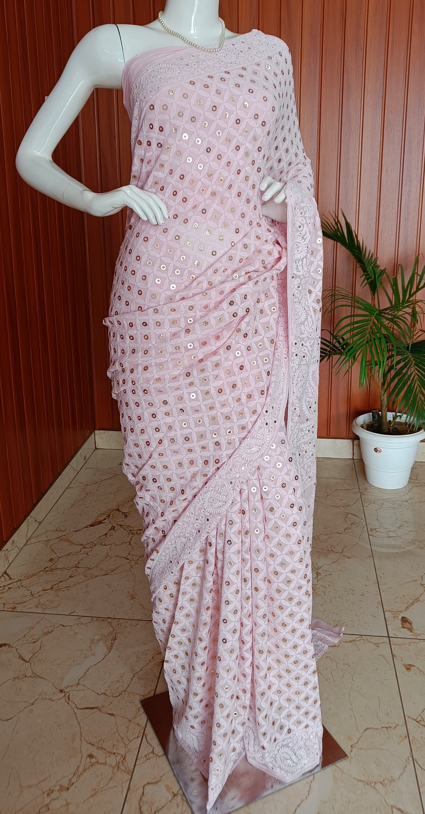 Pink Ruhani allover Chikankari and Heavy Ring Mukaish Saree