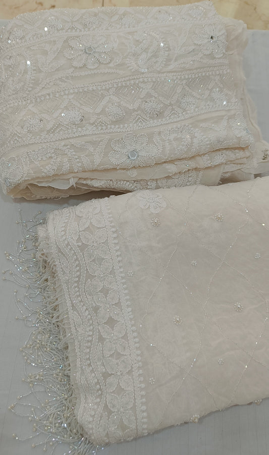Off White fine Chikankari Pearl Sequins and Cut Dana Anarkali