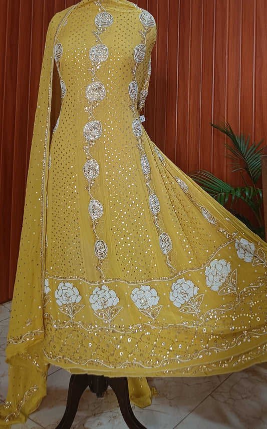 Mustard Yellow Ruhani Badla and Pearl Embroidered Anarkali Suit