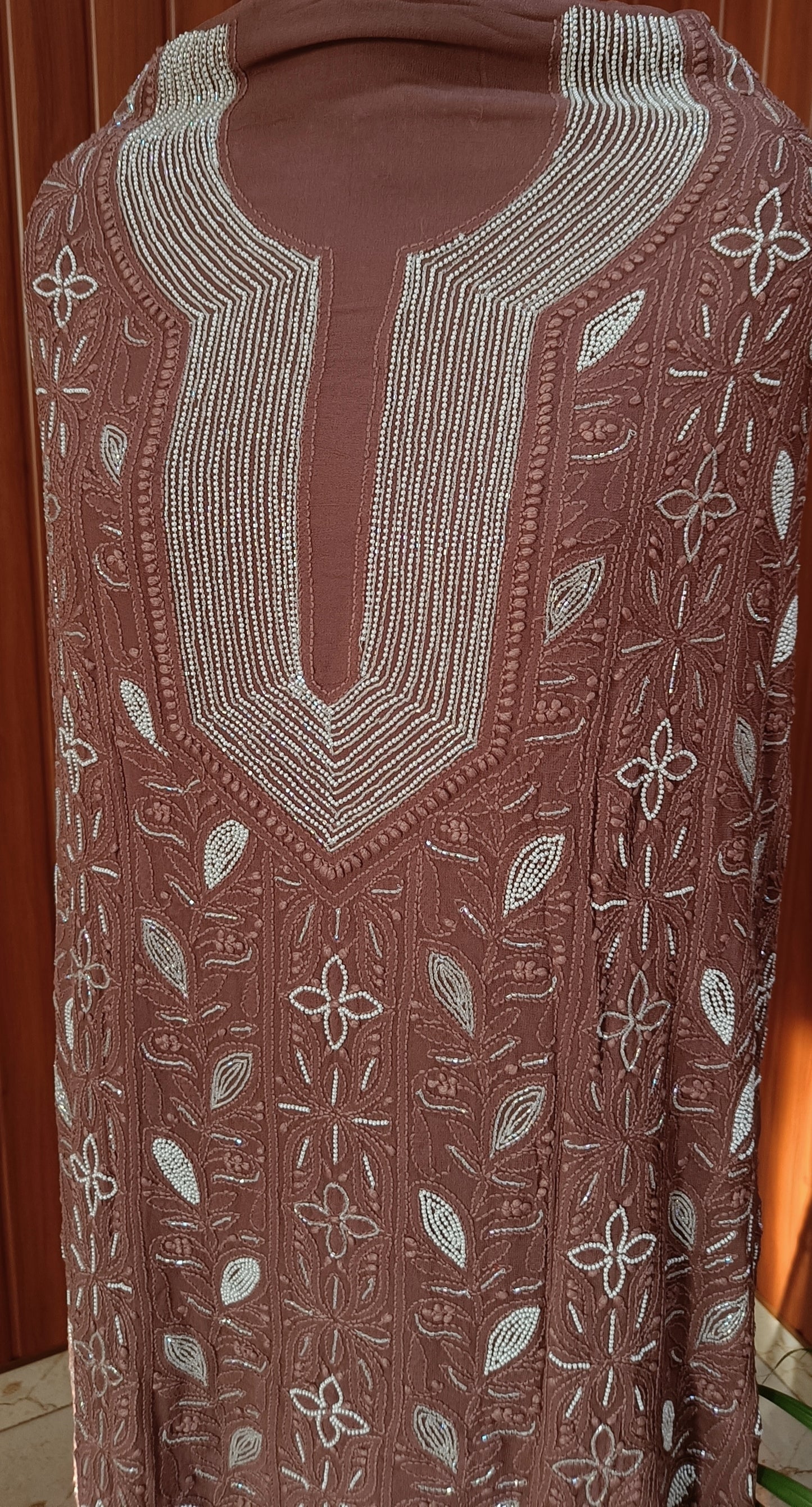 Cocoa brown Chikankari Pearl Beads and Cut Dana Kurta and Dupatta