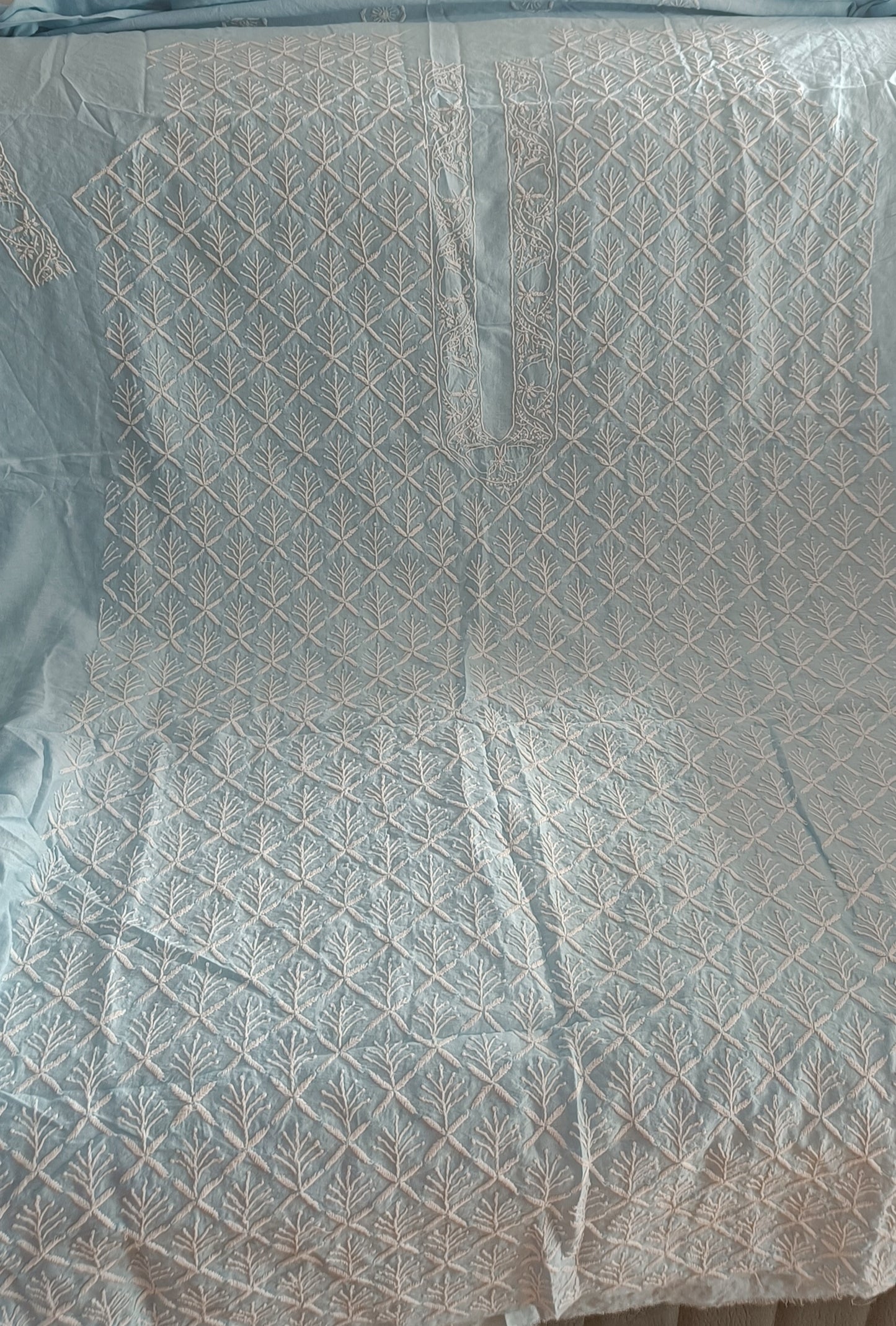 Sky Blue Chanderi Silk Men's Kurta fabric with fine Chikankari