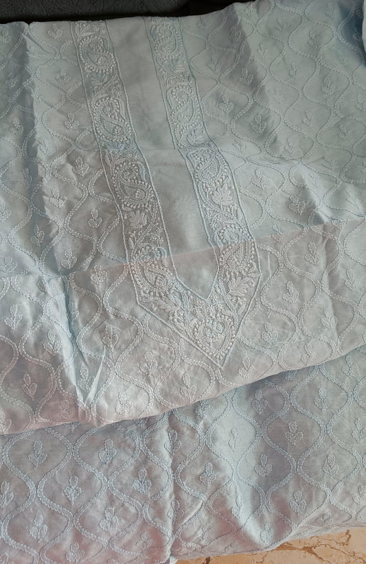 Chanderi Silk Men's Kurta fabric with fine Chikankari