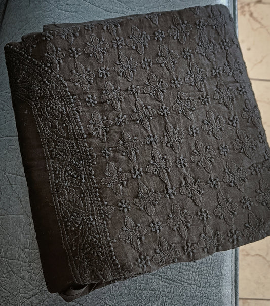 Black Chanderi Silk Men's Kurta fabric with fine Chikankari