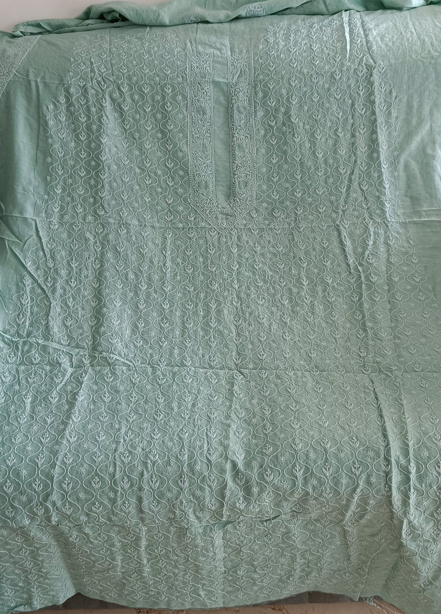 Sage Green Chanderi Silk Men's Kurta fabric with fine Chikankari