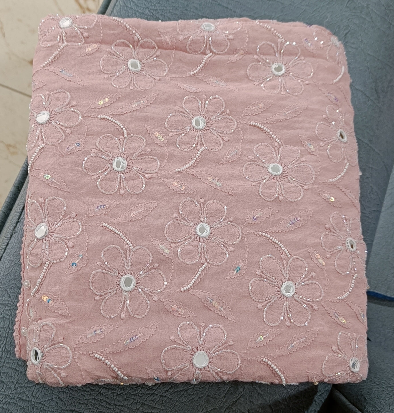 Ruhani Dusty Pink Chikankari Pearl Sequins Cut Dana Embroidered Pure Georgette Dupatta
