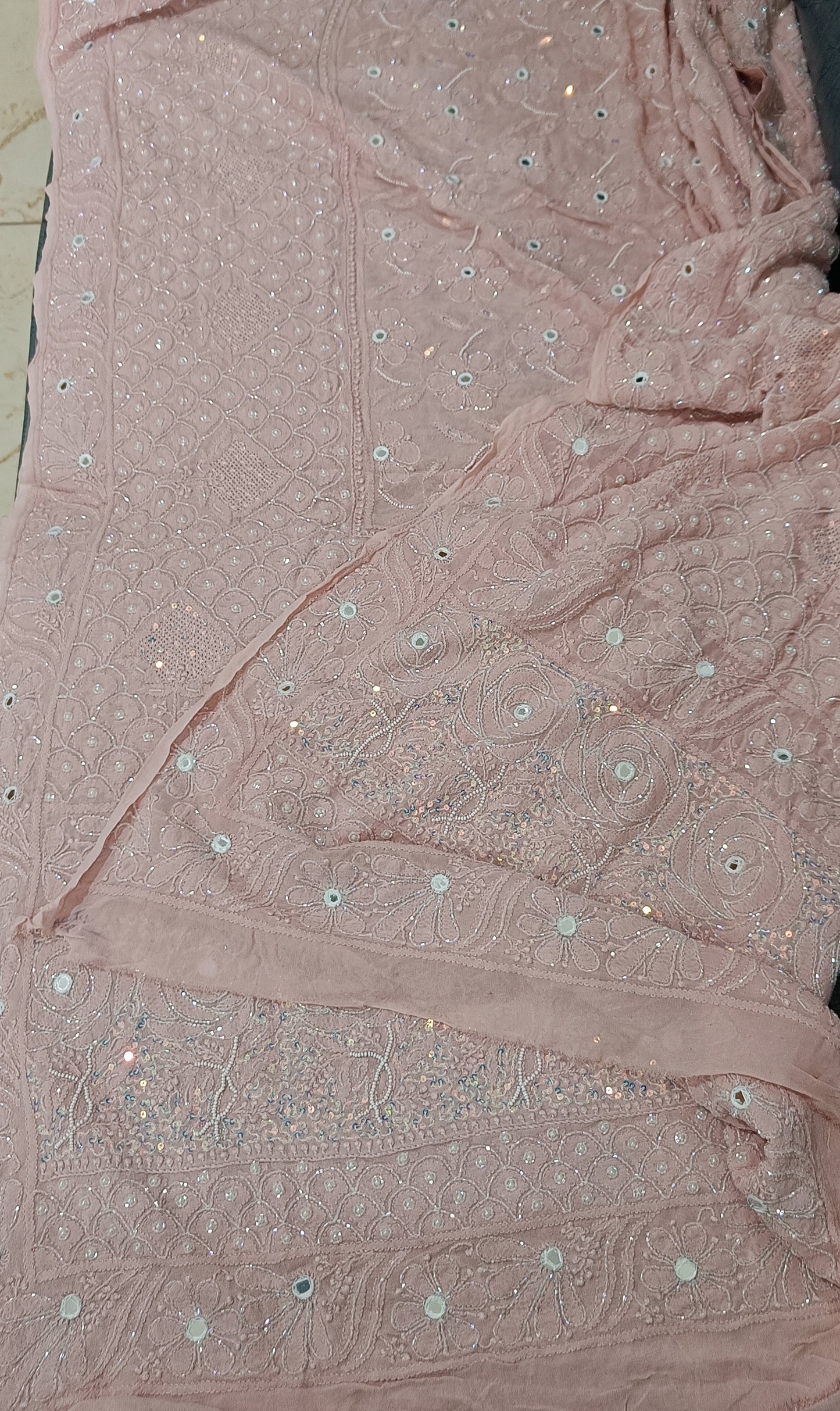 Ruhani Dusty Pink Chikankari Pearl Sequins Cut Dana Embroidered Pure Georgette Dupatta