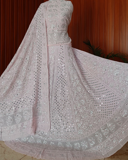 Ruhani Baby Pink Chikankari and silver mirror gota work georgette lehenga set