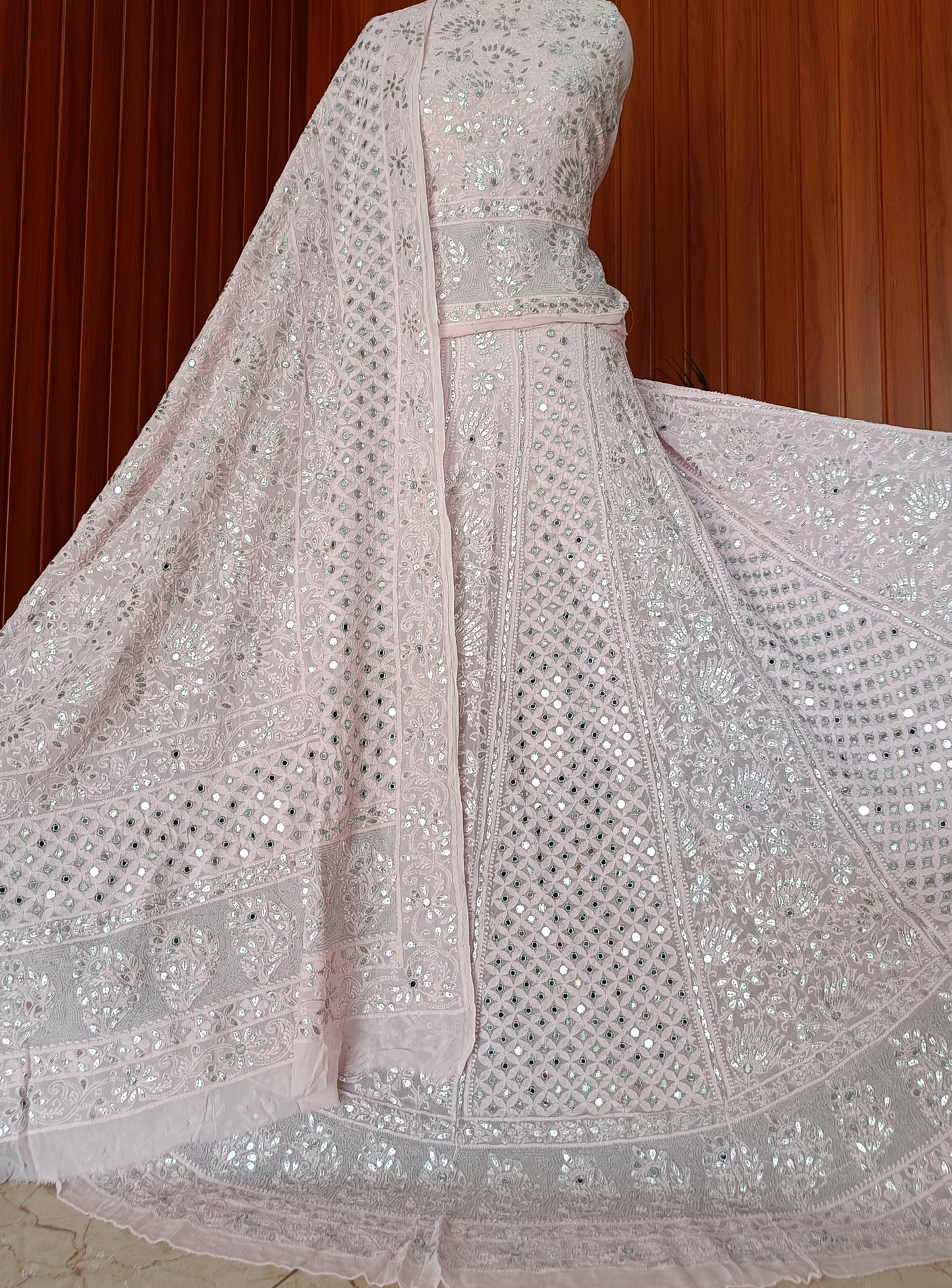 Ruhani Baby Pink Chikankari and silver mirror gota work georgette lehenga set