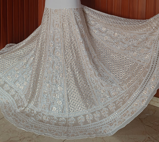 White designer lehenga skirt with allover Chikankari and heavy gota patti Lehenga skirt