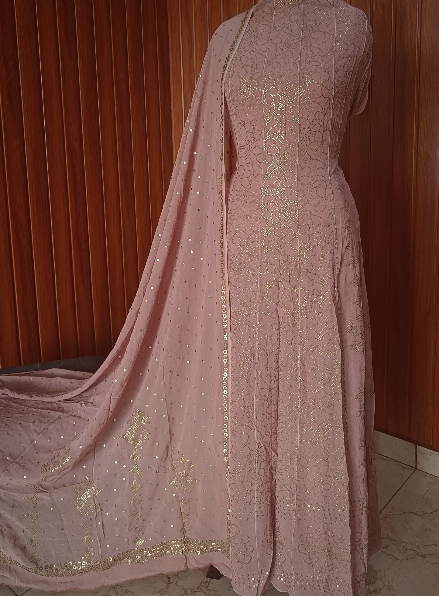 Old Rose Pink Allover Heavy Mukaish Georgette Anarkali with Dupatta