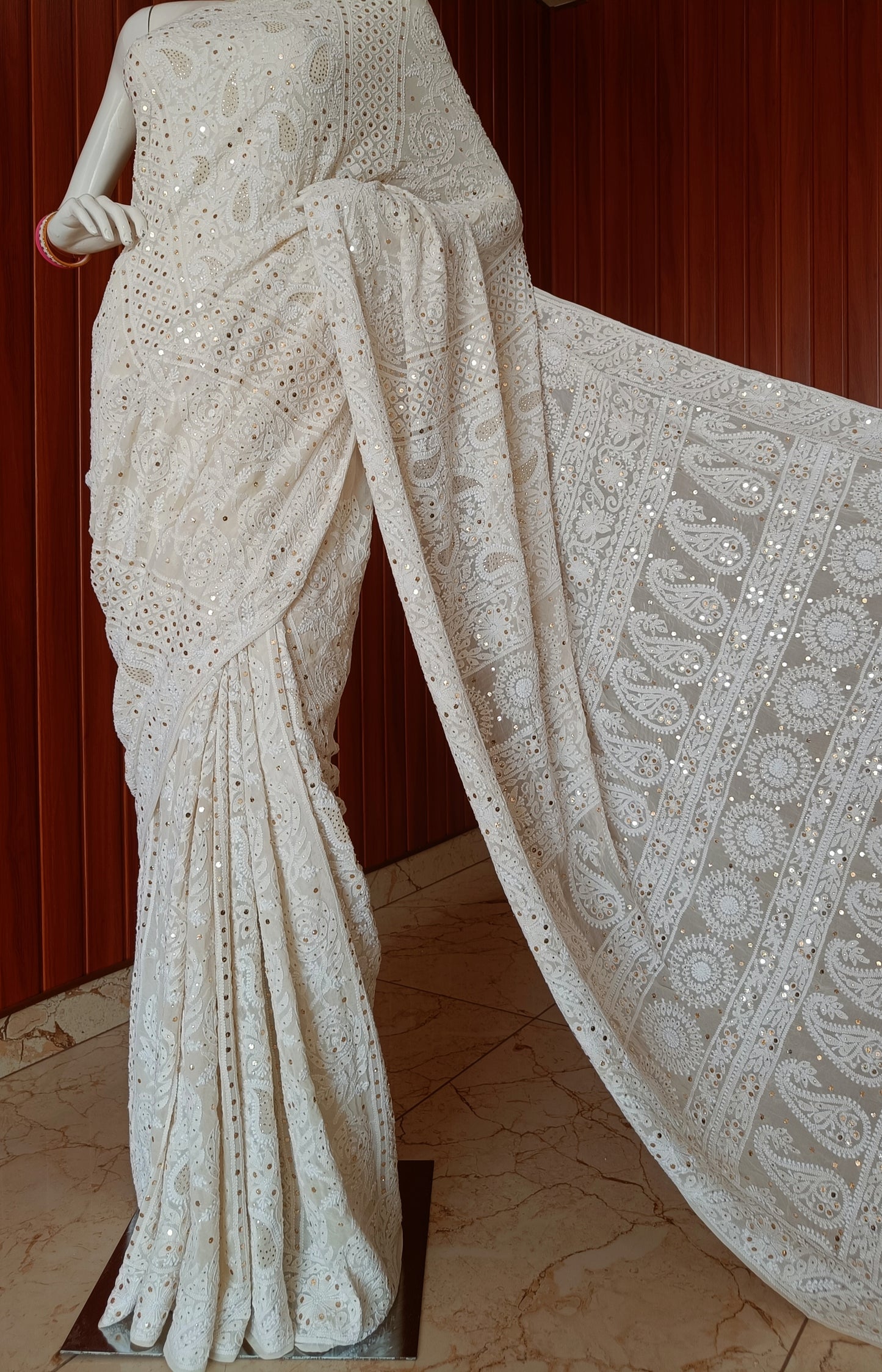 Ivory Ruhani Allover Chikankari and Mukaish Saree