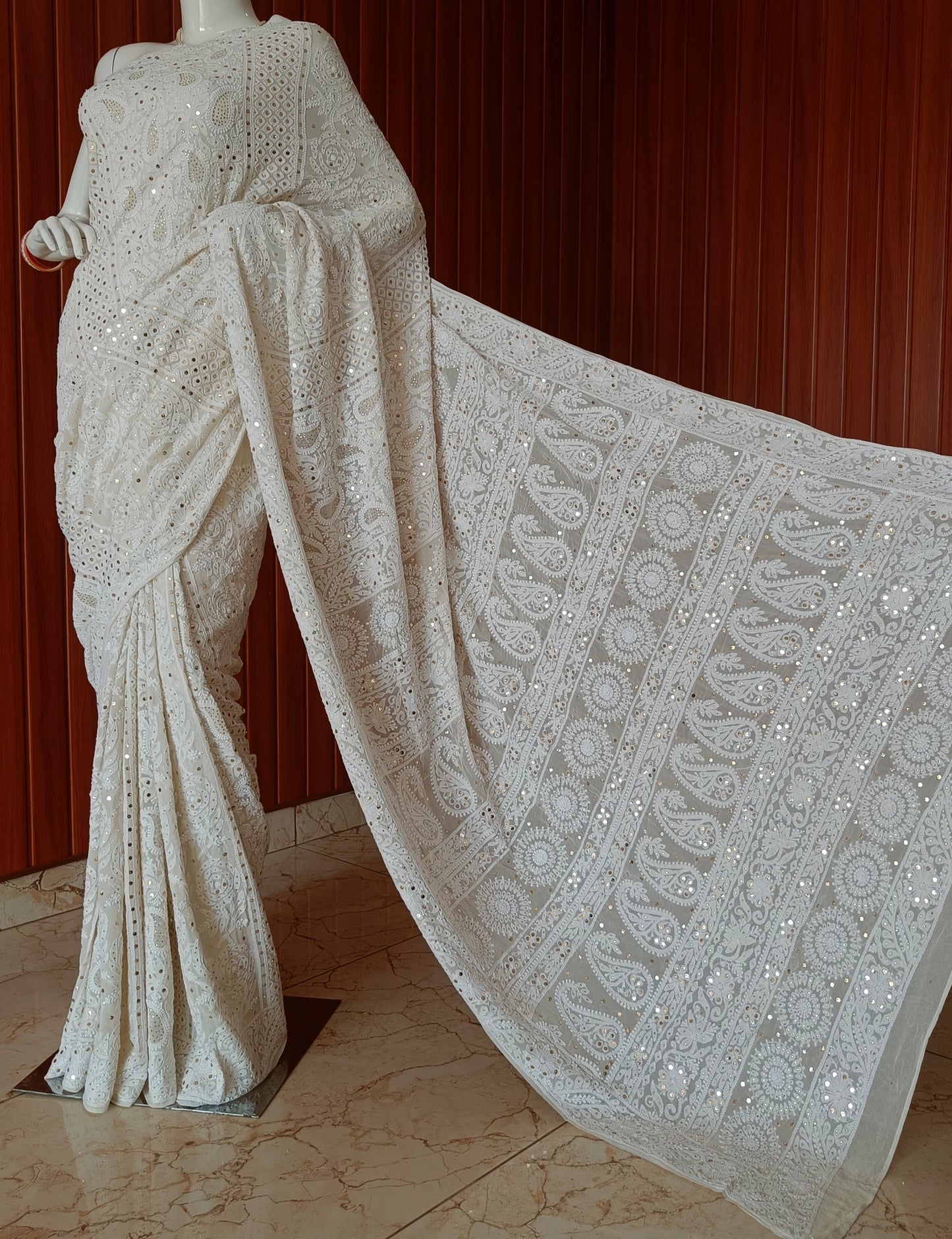 Ivory Ruhani Allover Chikankari and Mukaish Saree