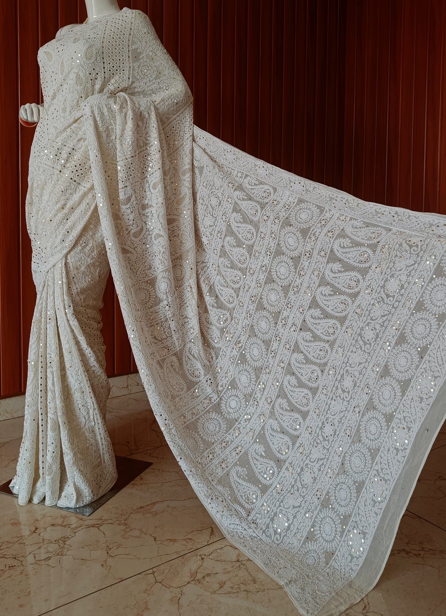 Ivory Ruhani Allover Chikankari and Mukaish Saree
