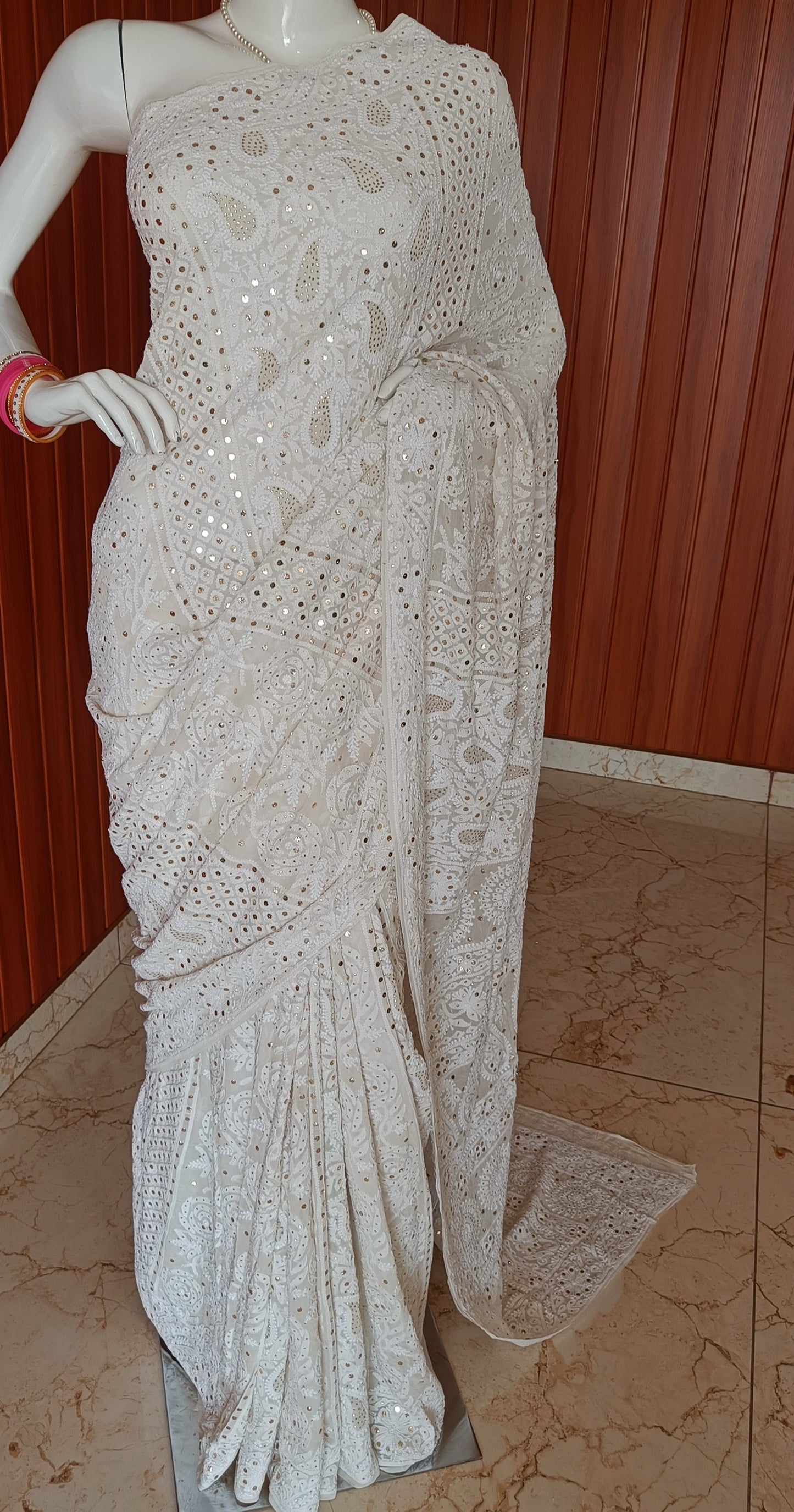 Ivory Ruhani Allover Chikankari and Mukaish Saree
