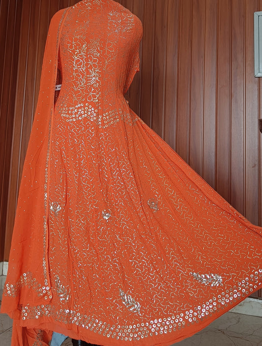 Orange Allover Heavy Mukaish Georgette Anarkali with Dupatta