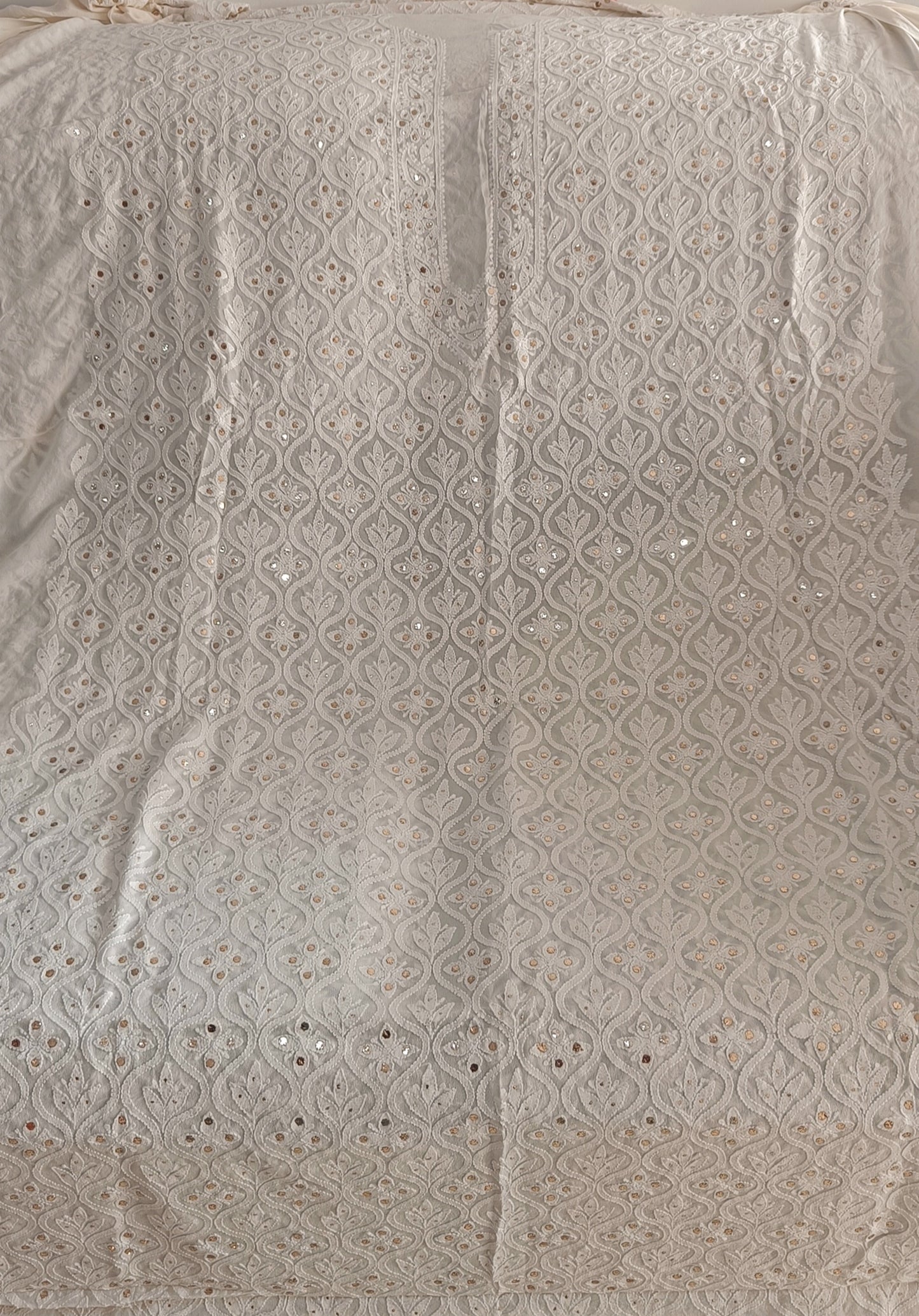 Ivory Pure Georgette Allover Chikankari and Mukaish Men's Kurta Fabric