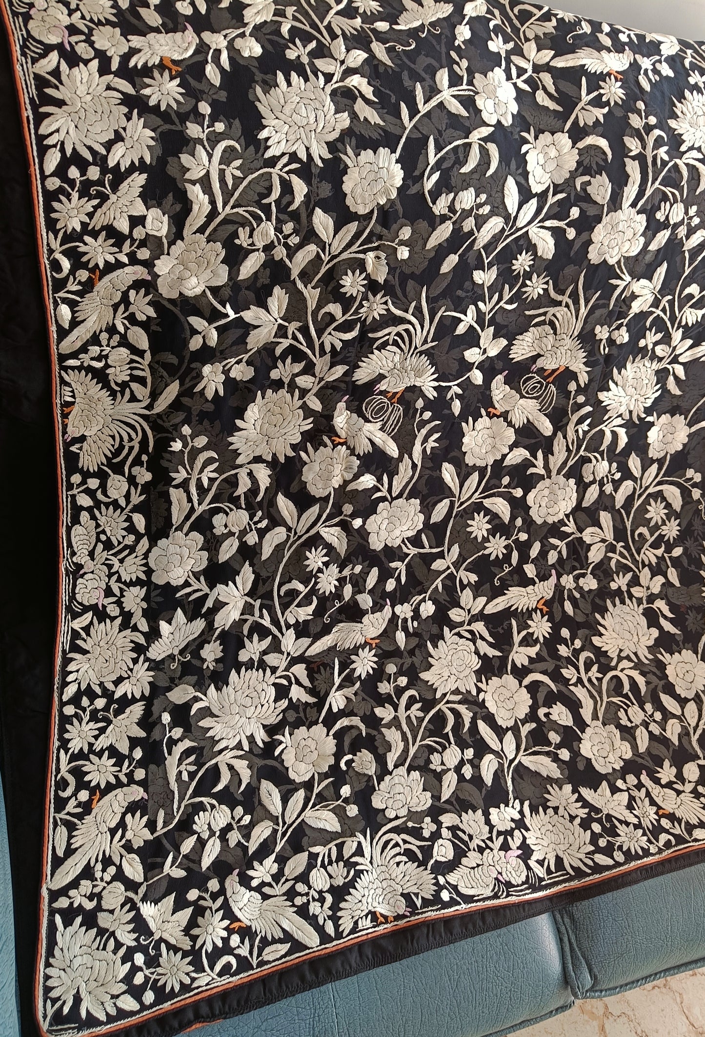 Black and Ivory Masterpiece Parsi Gara Hand Embroidered Dupatta