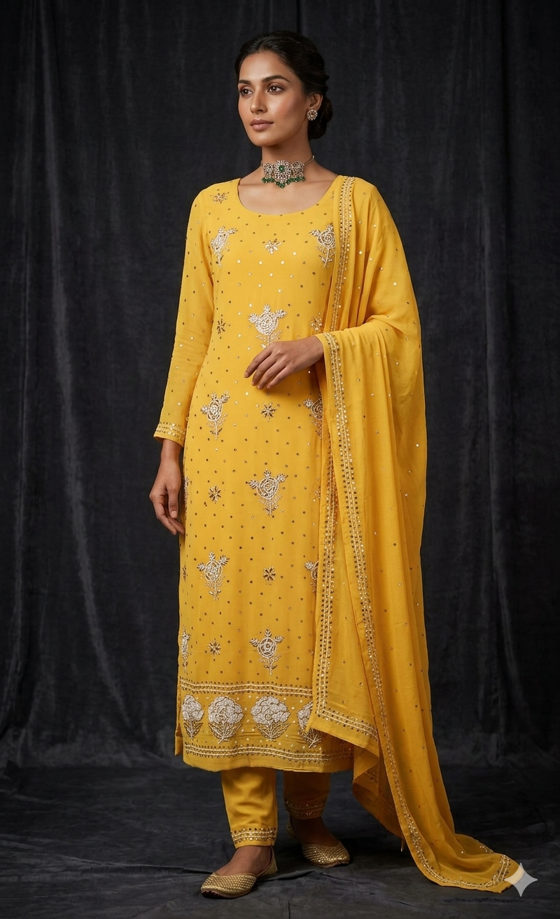 Yellow Badla Mukaish and Pearl Embroidered Kurta & Dupatta Set
