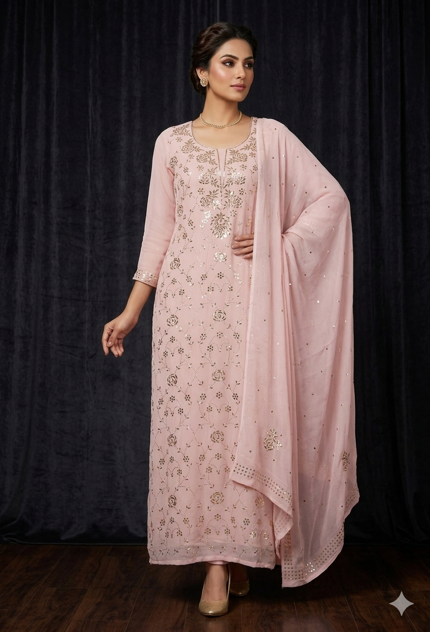 Powder Pink badla and mukaish work Kurta and Dupatta