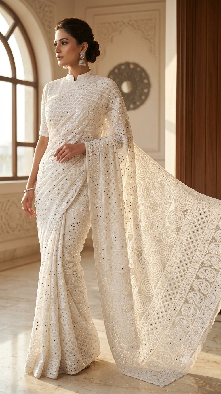 Ruhani Ivory Allover Fine Chikankari and Mukaish Saree