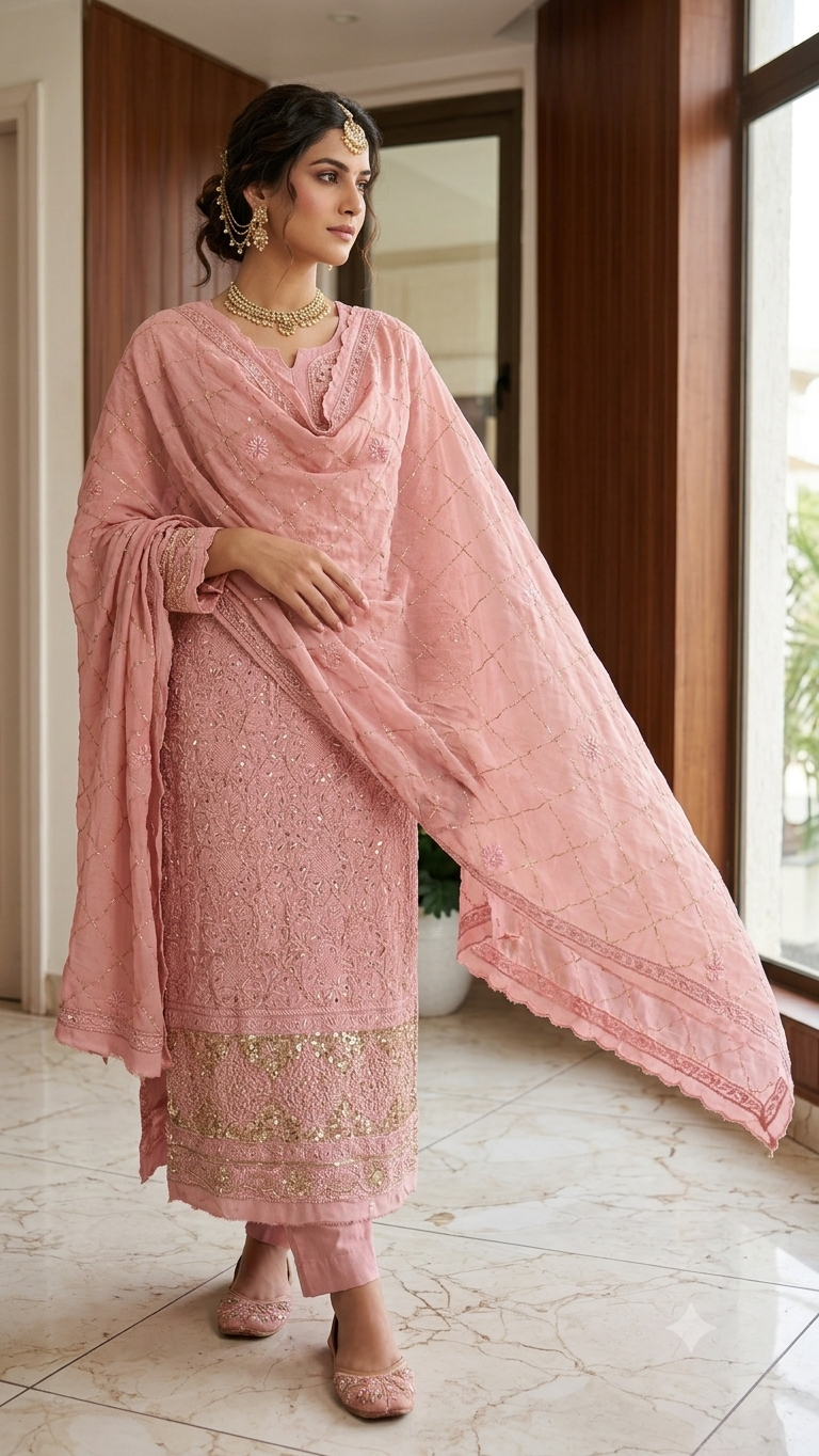 Suhaan 2 taar Chikankari front and back embroidered kurta and dupatta