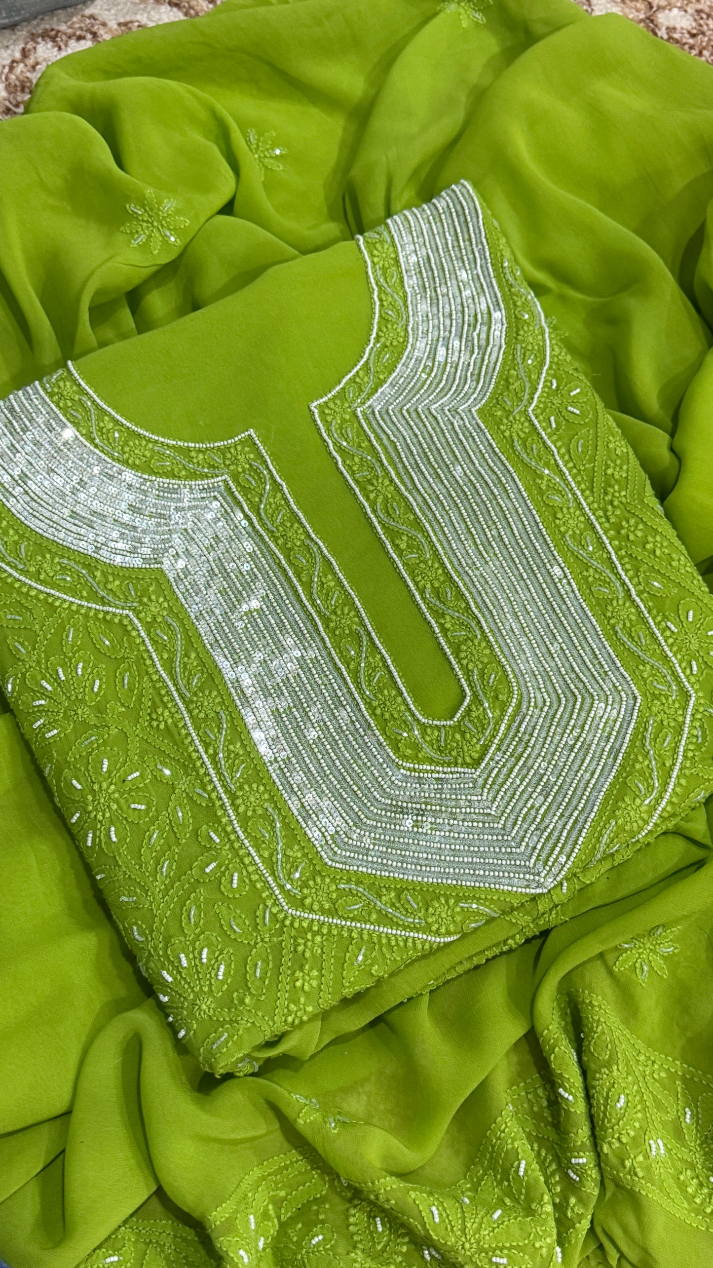 Lime green Chikankari Cut Dana and sequins work Kurta and Dupatta