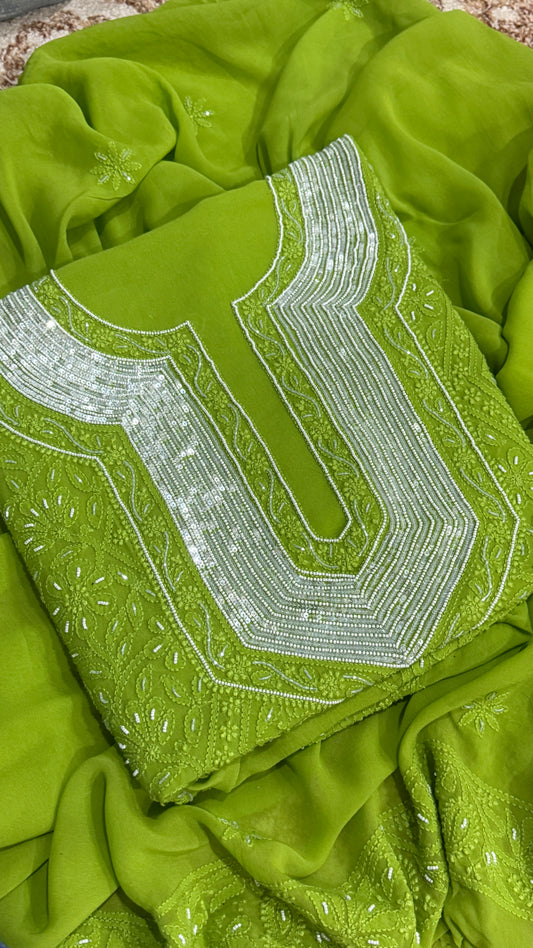 Lime green Chikankari Cut Dana and sequins work Kurta and Dupatta