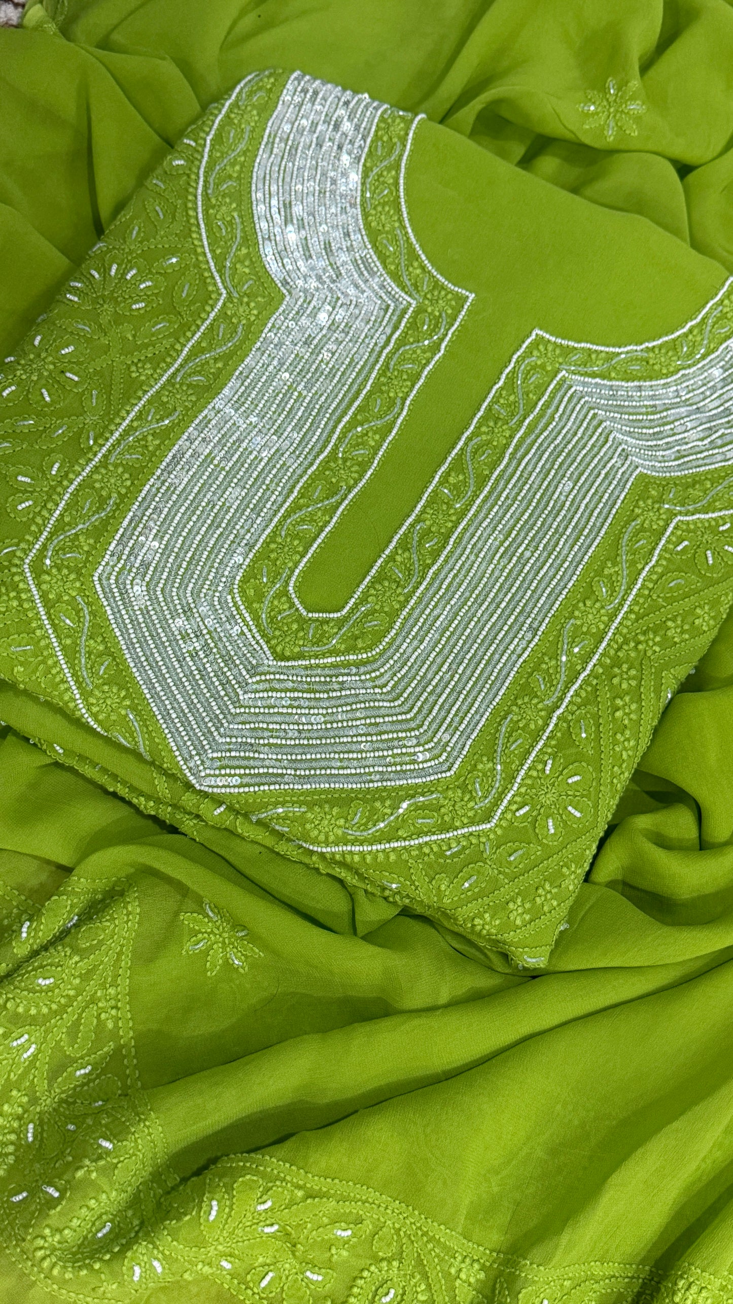 Lime green Chikankari Cut Dana and sequins work Kurta and Dupatta