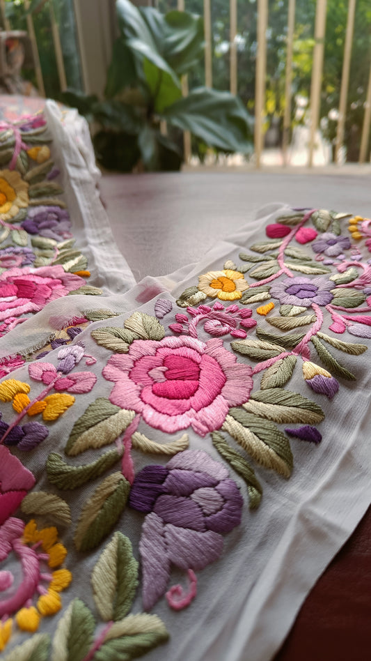 White multicolored hand embroidered parsi gara border