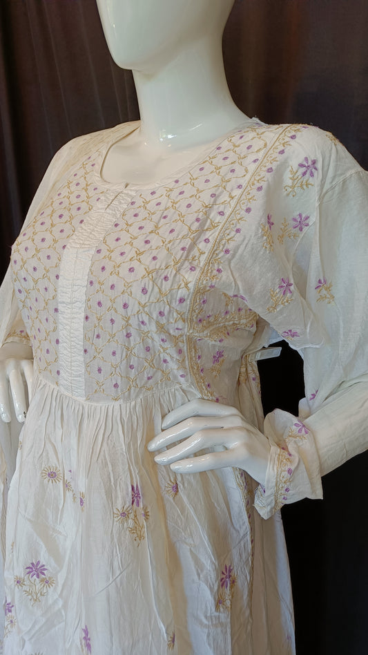 Off White Mul Chanderi A Line Chikankari Kurta and Dupatta