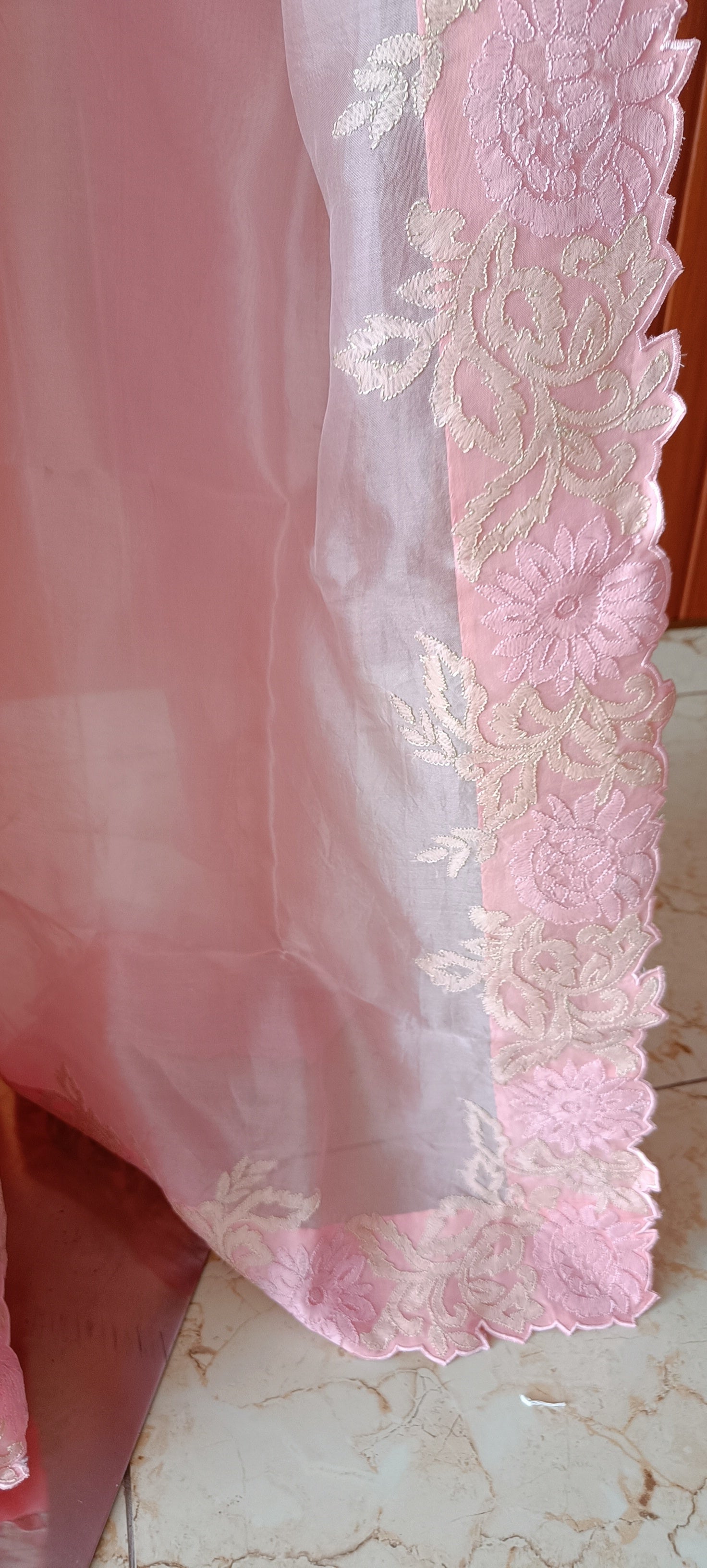 Charming Pink Organza Saree with Intricate Lace Work