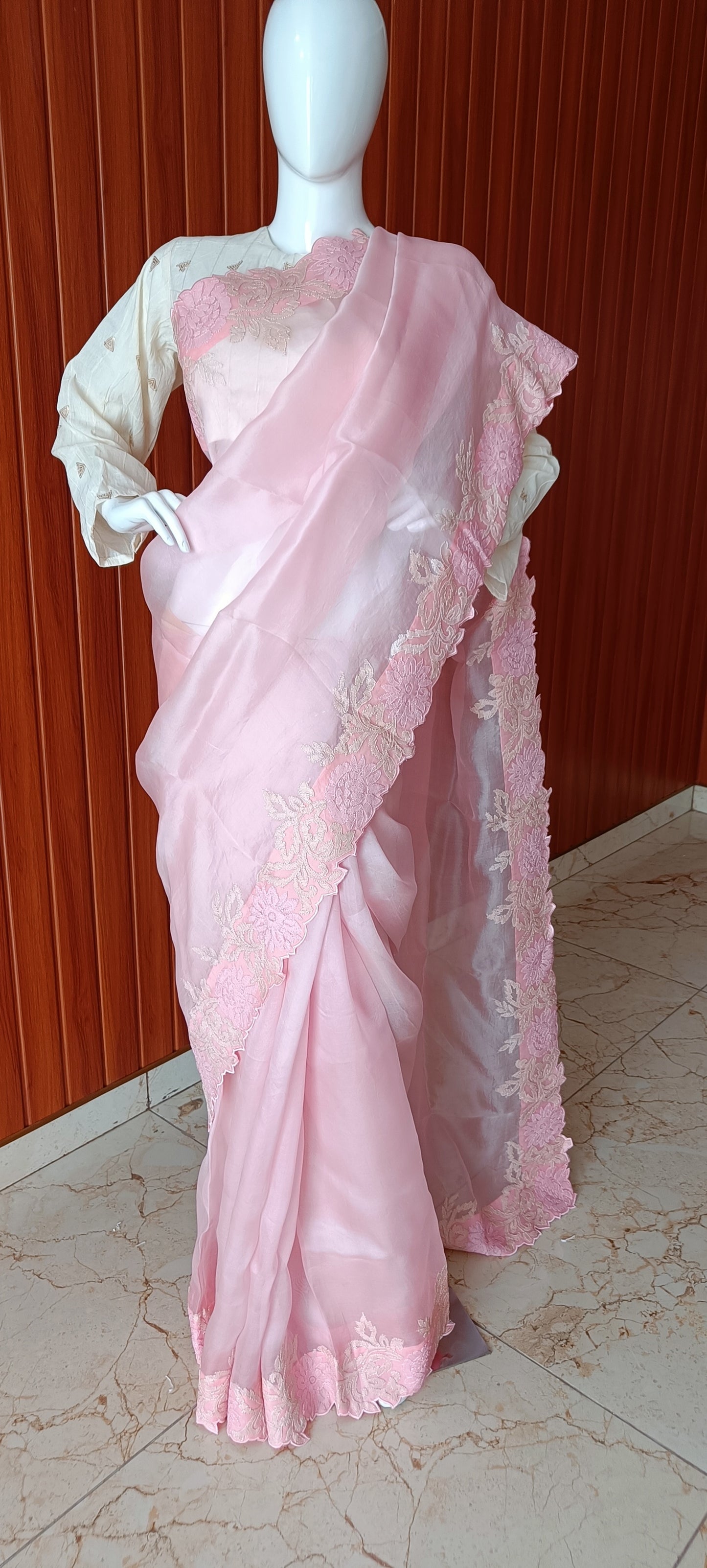 Pink Pure Organza Shadow and Cut Work Saree