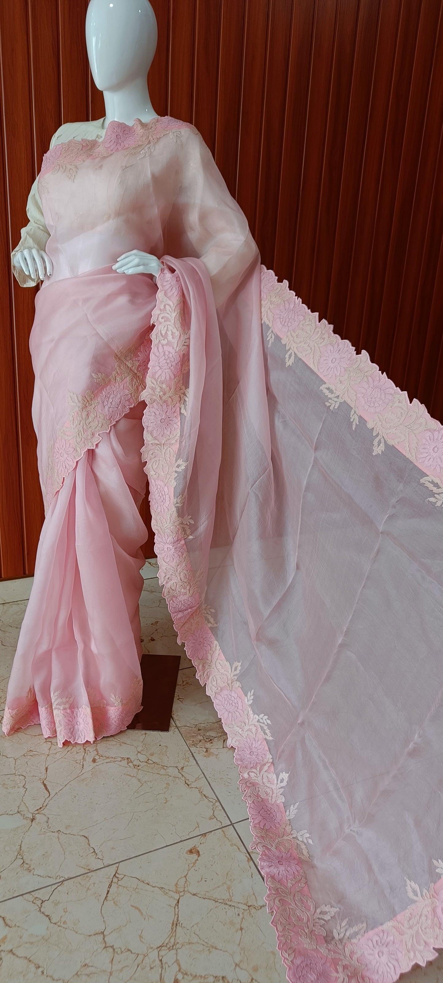 Pink Pure Organza Shadow and Cut Work Saree