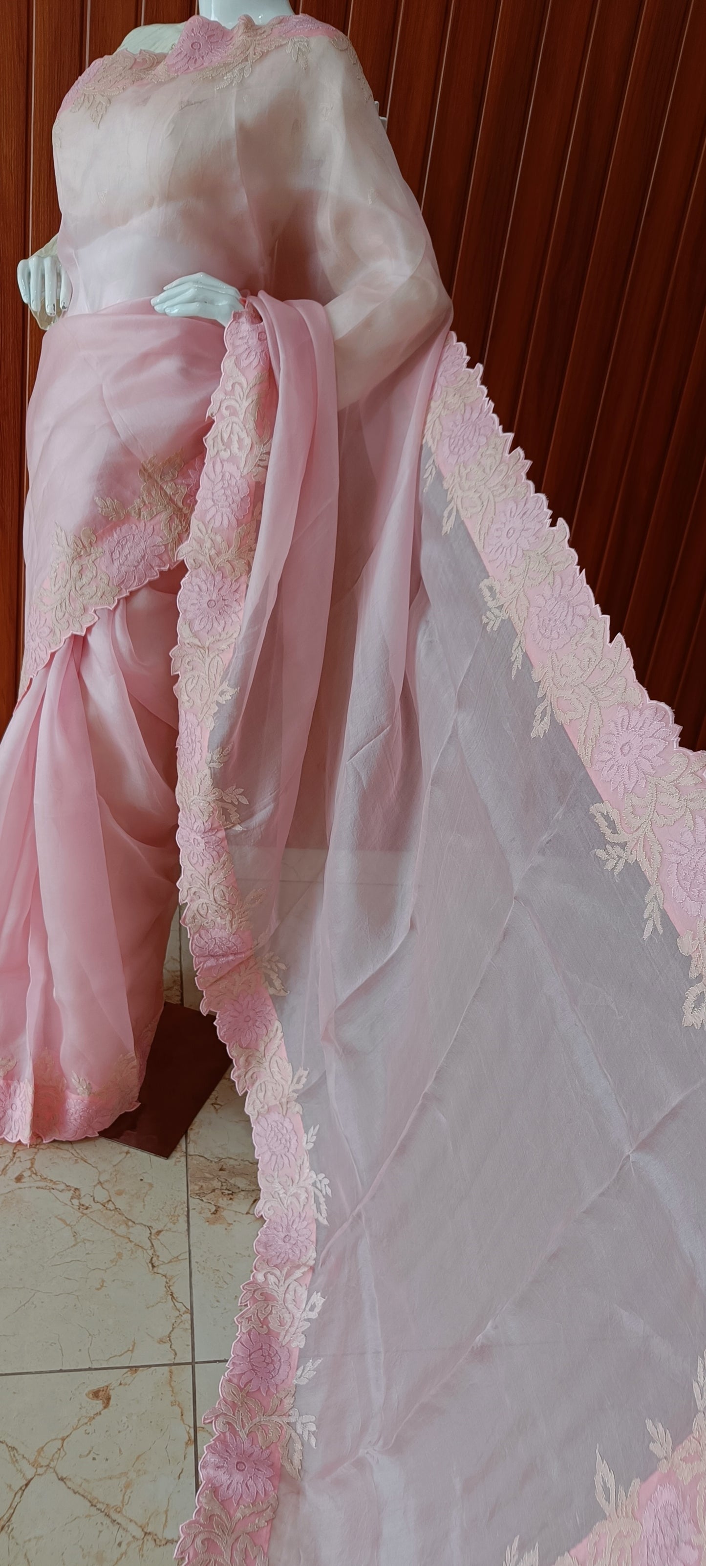 Pink Pure Organza Shadow and Cut Work Saree