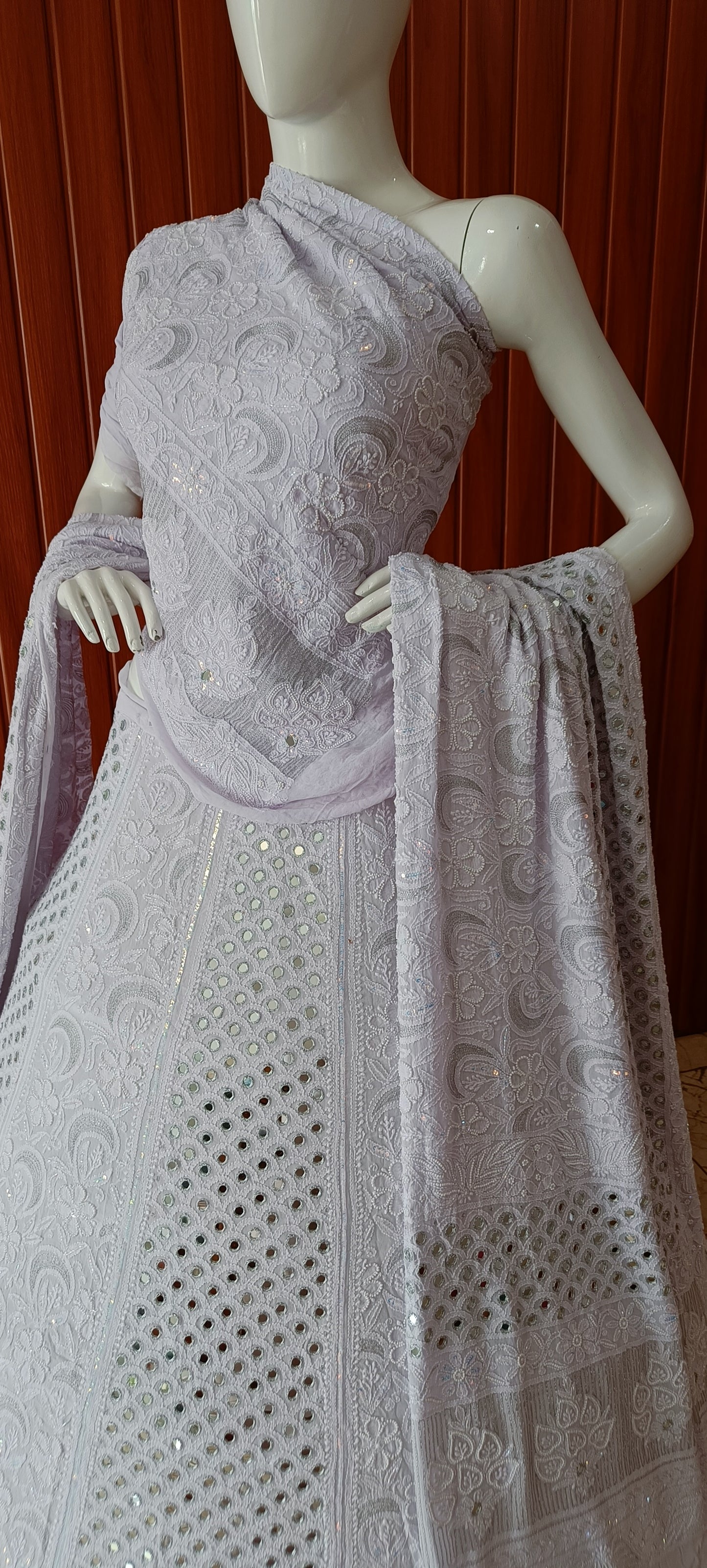 Light Lilac Chikankari Pearl and Mirror Work Georgette Lehenga Set