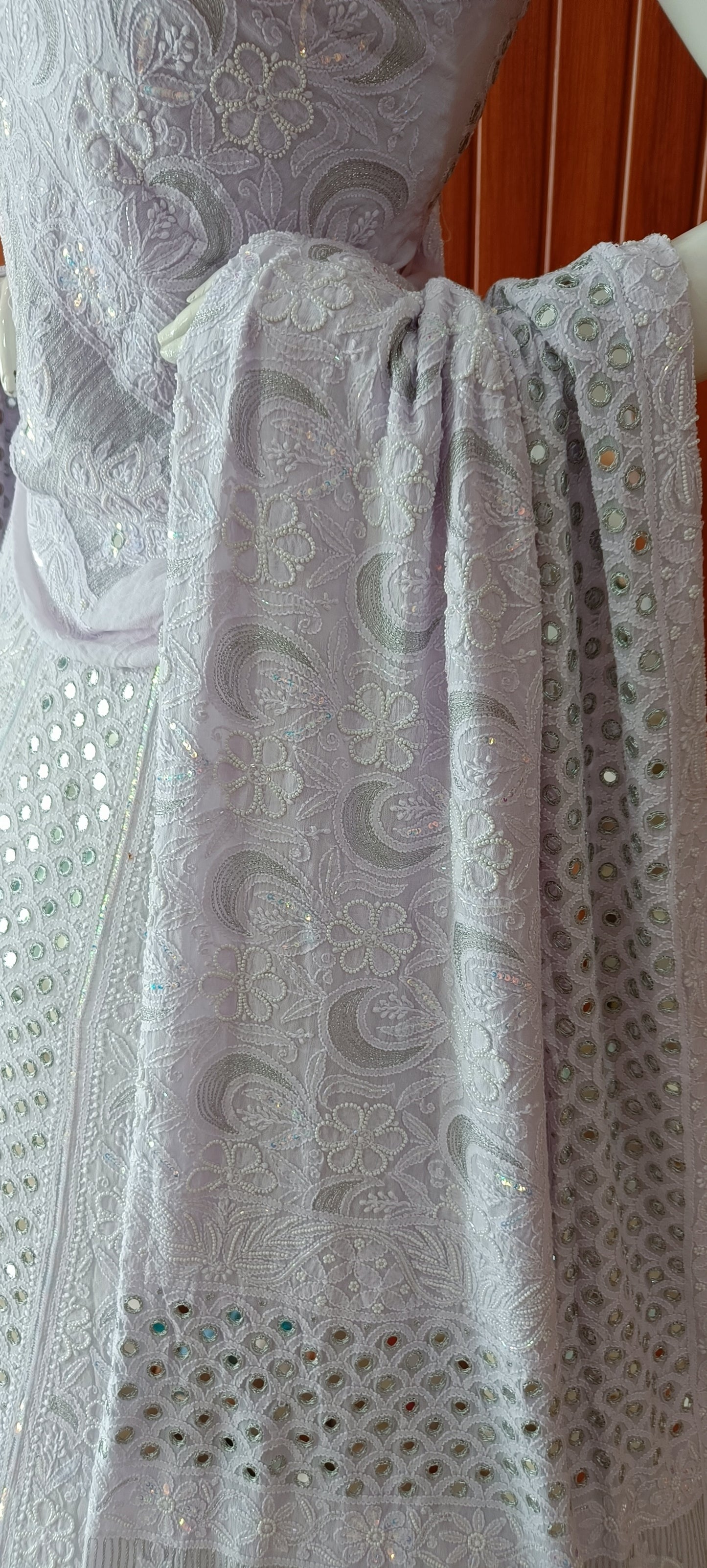 Light Lilac Chikankari Pearl and Mirror Work Georgette Lehenga Set